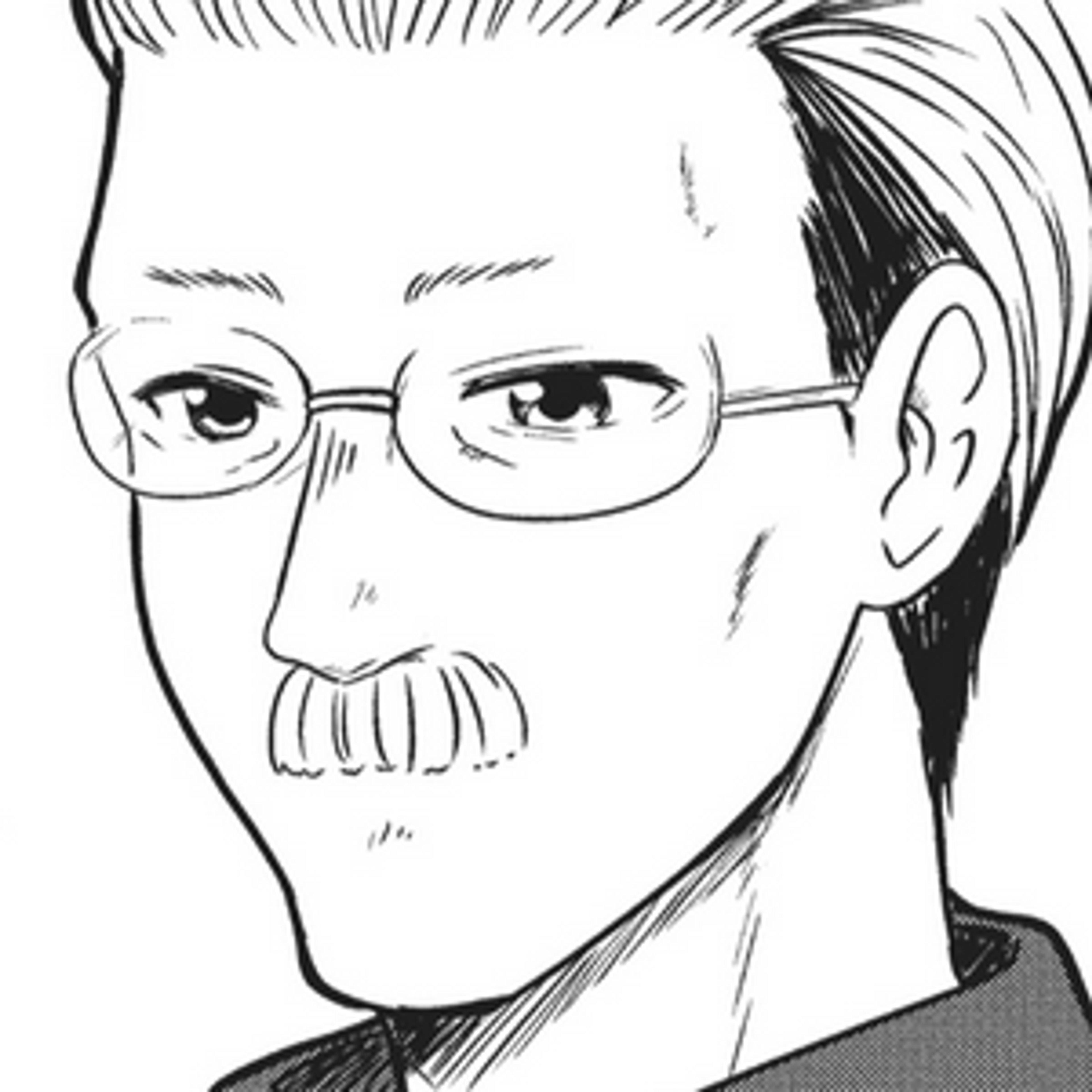 An illustration of a middle-aged man with glasses, a mustache, and a brown apron.