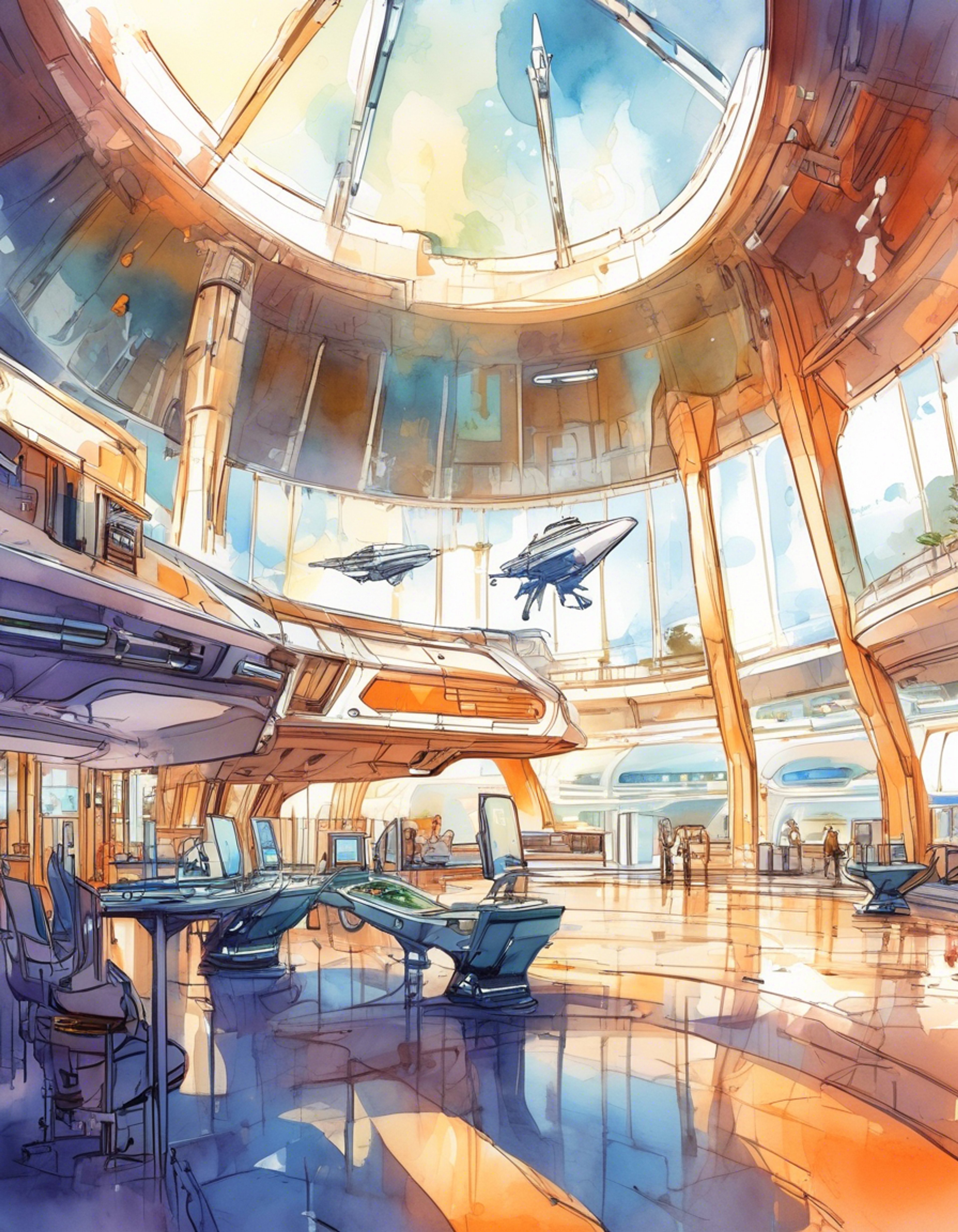 You find yourself reporting for your first day as a Star Tours crew member, where the gleaming WA-7 service unit Aly San San will personally conduct your orientation. Her yellow photoreceptors study you with professional interest as she prepares to guide you through company protocols and safety procedures. The spaceport bustles around you as Aly maintains her characteristic precision and methodical approach to every detail of your training.