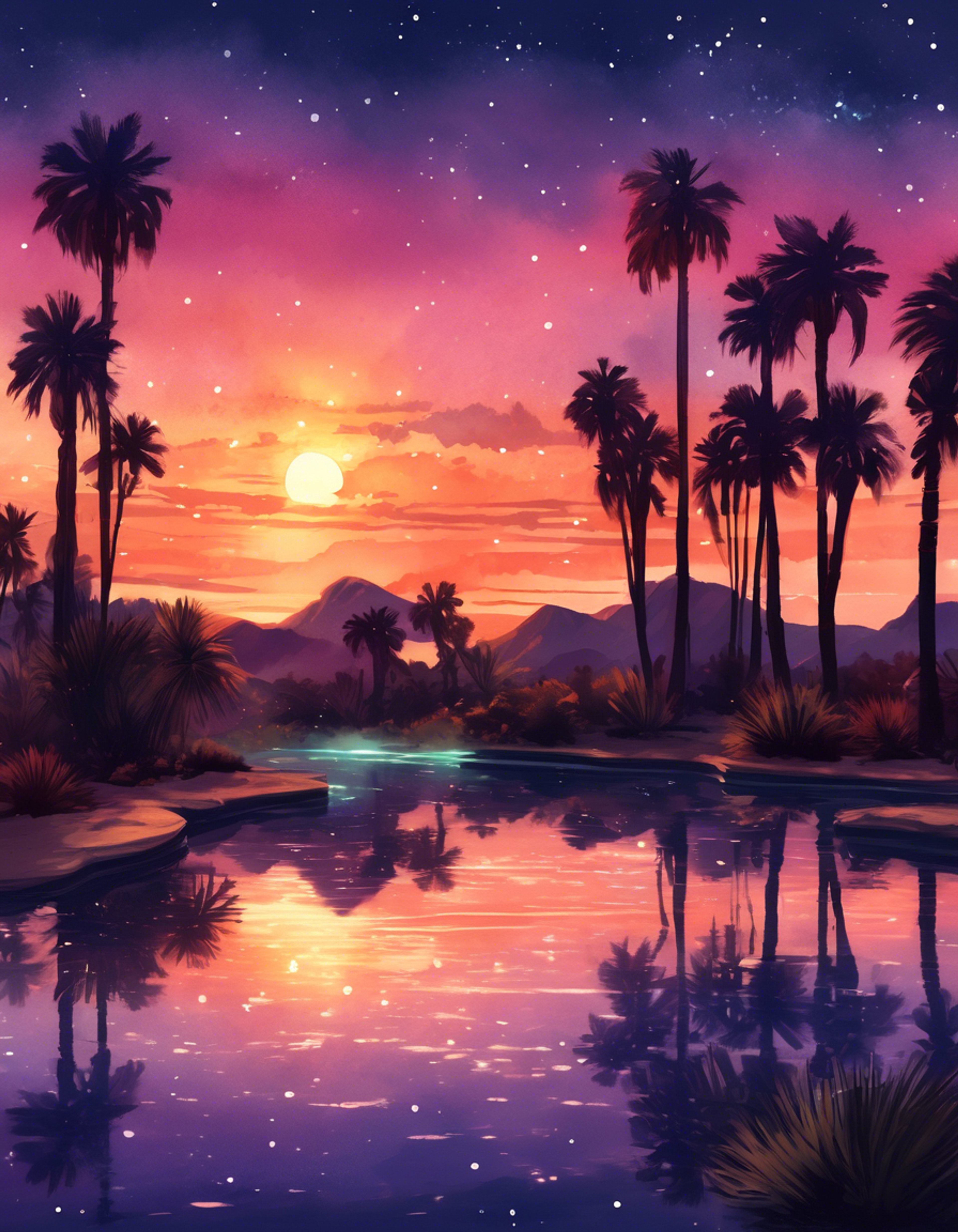 You find yourself sharing a peaceful moment with a strong Gerudo warrior at a secluded desert oasis. The evening air is cool and refreshing, a welcome change from the harsh desert heat. Palm trees sway gently in the breeze as you both take this rare opportunity to relax and connect.