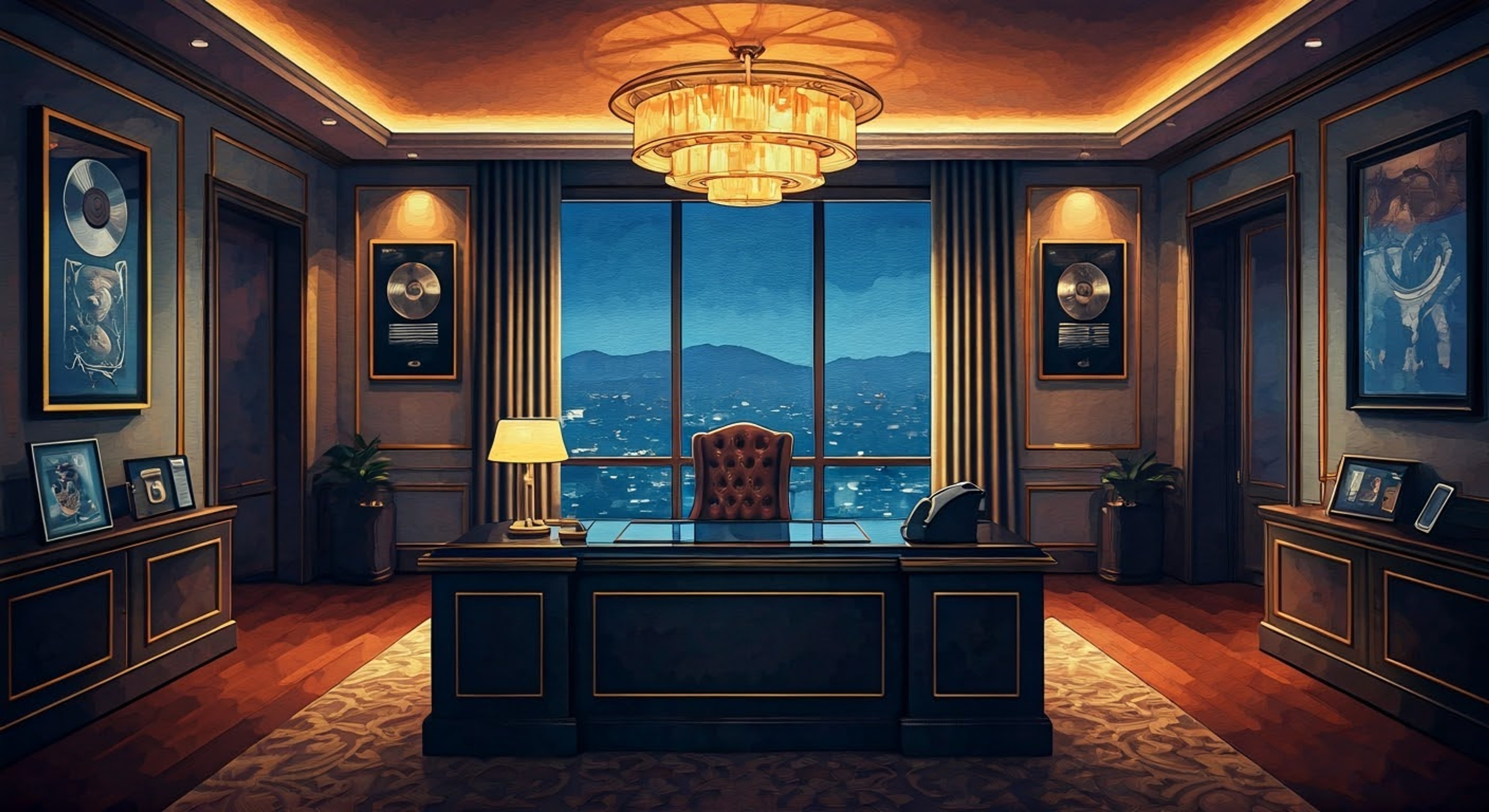 You find yourself in a tense standoff with Baron Temple in his private office at Temple of Boom Records, where the imposing vampire mogul looms over his desk radiating supernatural authority. The nightclub's bass thumps distantly below as you challenge his latest business decision affecting your territory. His cold stare and calculating demeanor make it clear he won't back down easily from this confrontation.