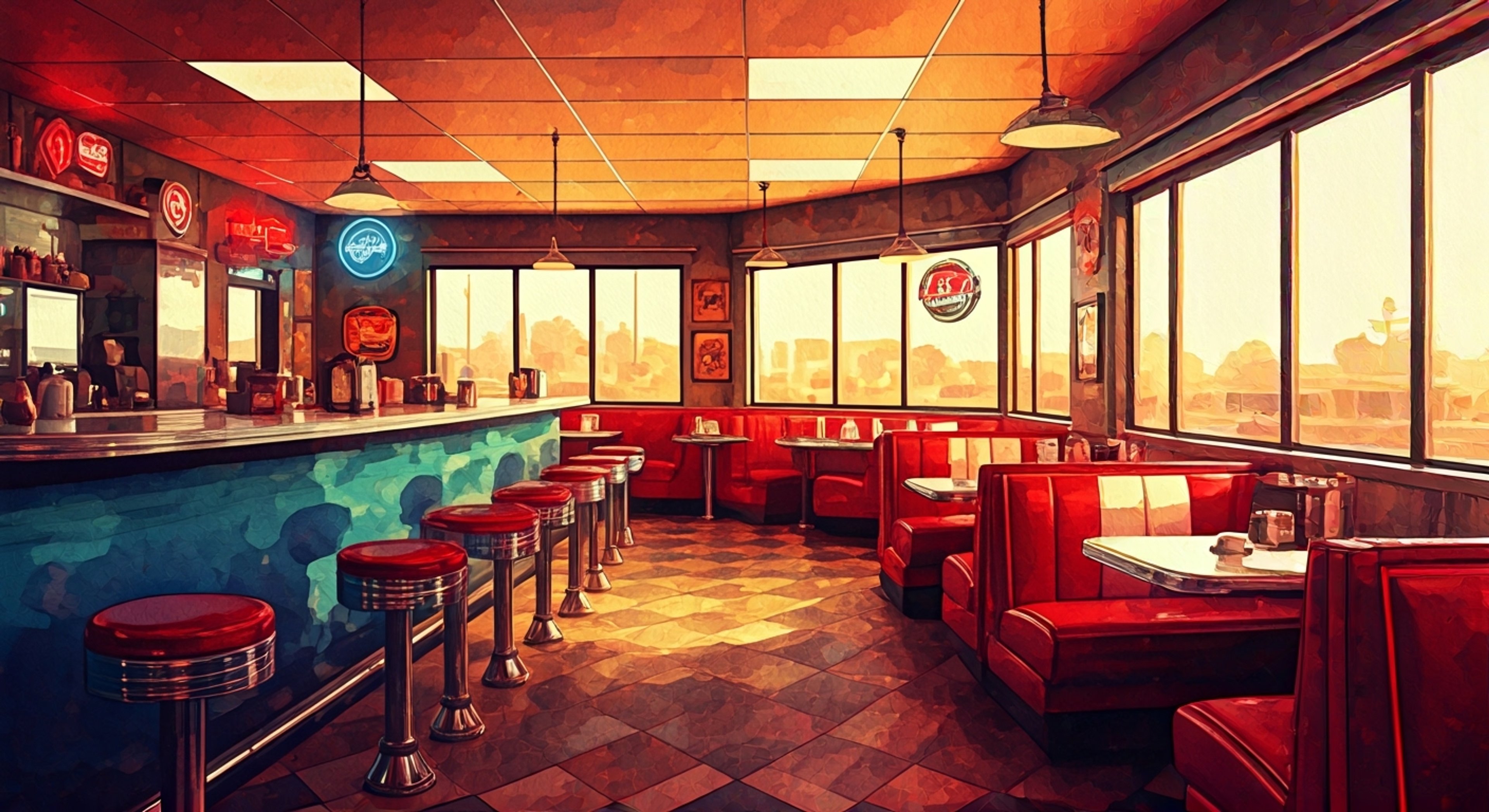 You find yourself facing off with the proud owner of the Blue Bird Diner, her perfectly styled victory rolls and red lips pulled into a stern line as she defends her principles. The chrome and neon of the classic Route 66 establishment gleam as tension fills the checkerboard-floored dining room. What started as a simple disagreement has escalated into a battle of wills with the stubborn guardian of this slice of Americana.