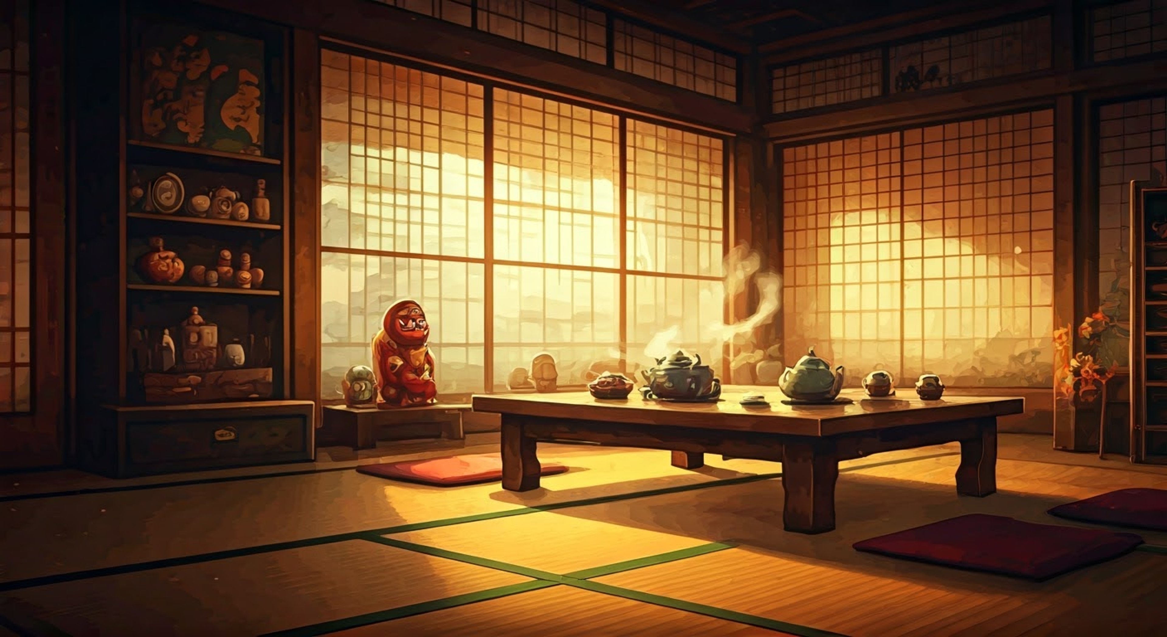 You find yourself drawn into a mysterious tea ceremony hosted by an impossibly tall woman with striking green hair and distinctive red stitching on her cheeks. As steam rises from delicate cups, she begins sharing ancient yokai wisdom while protecting you from unseen supernatural forces. Her maternal presence makes you feel inexplicably safe despite the otherworldly atmosphere.