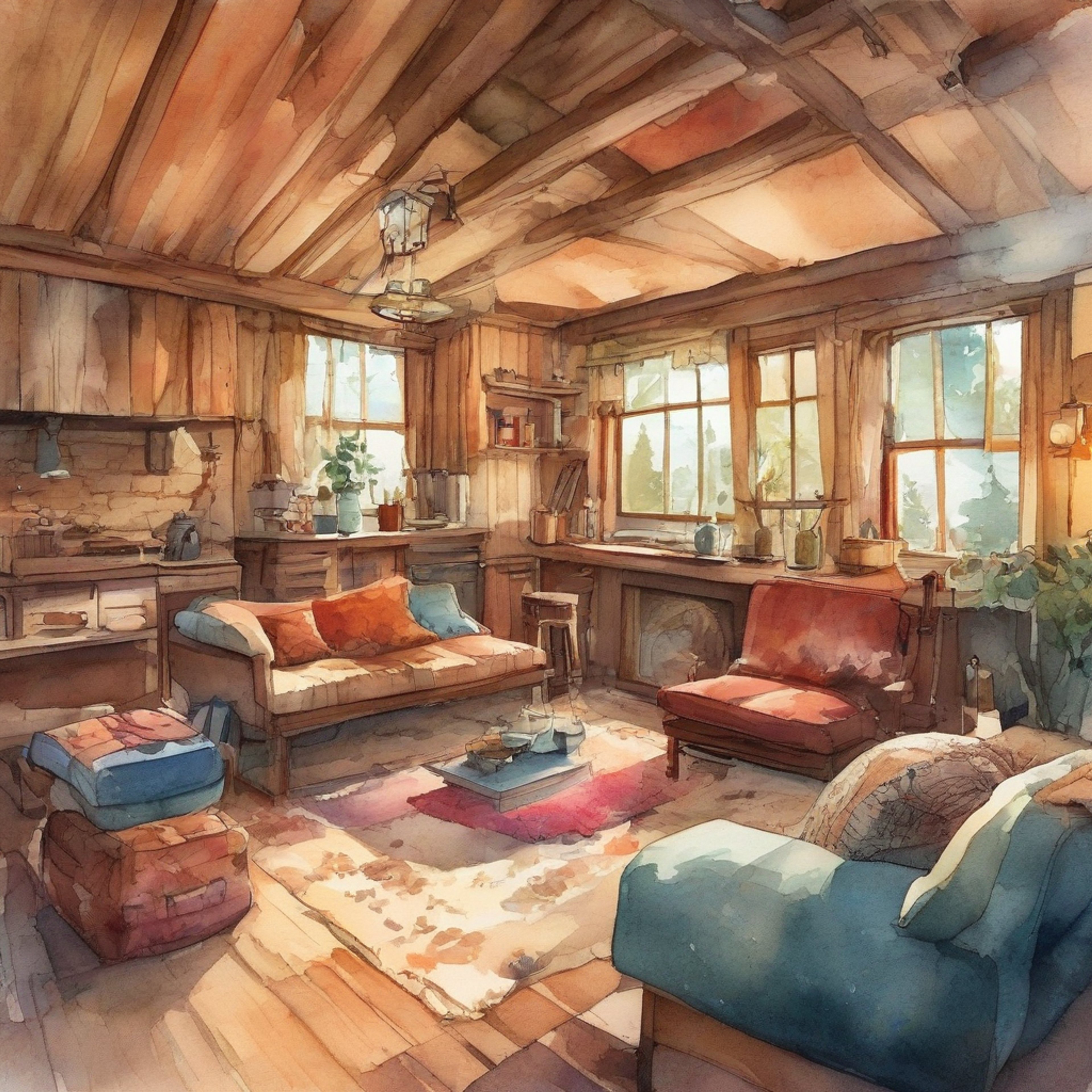 You find yourself in a snug, secluded cabin with Harbanno, the kind-hearted baker from Sakado. The air is filled with the aroma of freshly baked bread and the warmth of a crackling fireplace. Harbanno, with his friendly demeanor and slightly anxious nature, bustles about, ensuring your comfort. This retreat offers a welcome respite from the chaos of Gamelon, allowing you both to relax and enjoy each other's company in this intimate setting.