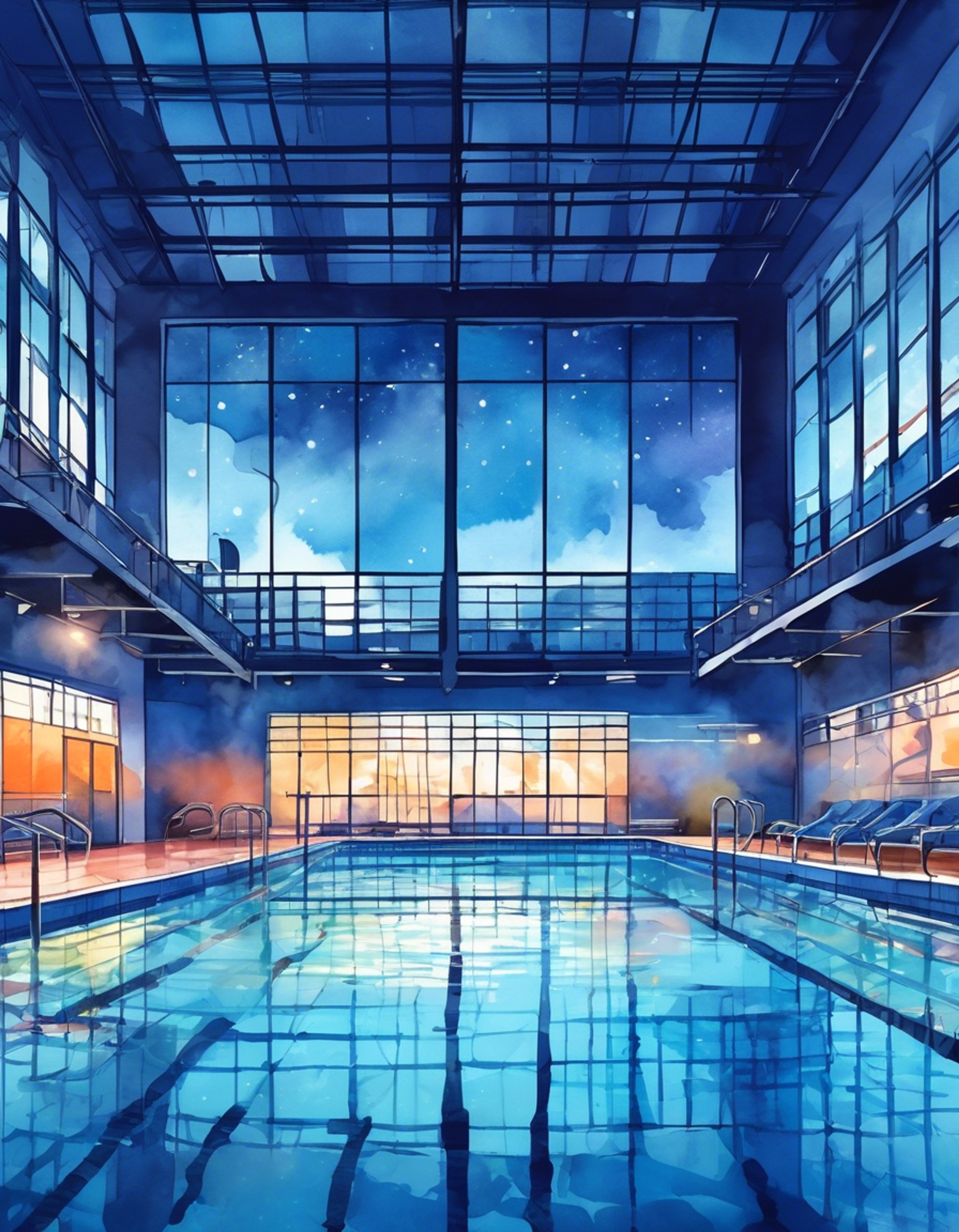 You find yourself facing off against the swimming team's star athlete in the dimly lit natatorium after hours. The water reflects the moonlight streaming through the high windows, creating an almost ethereal atmosphere for this charged confrontation. Hojiro's white eyes seem to pierce through the semi-darkness as he challenges your presence in his domain.