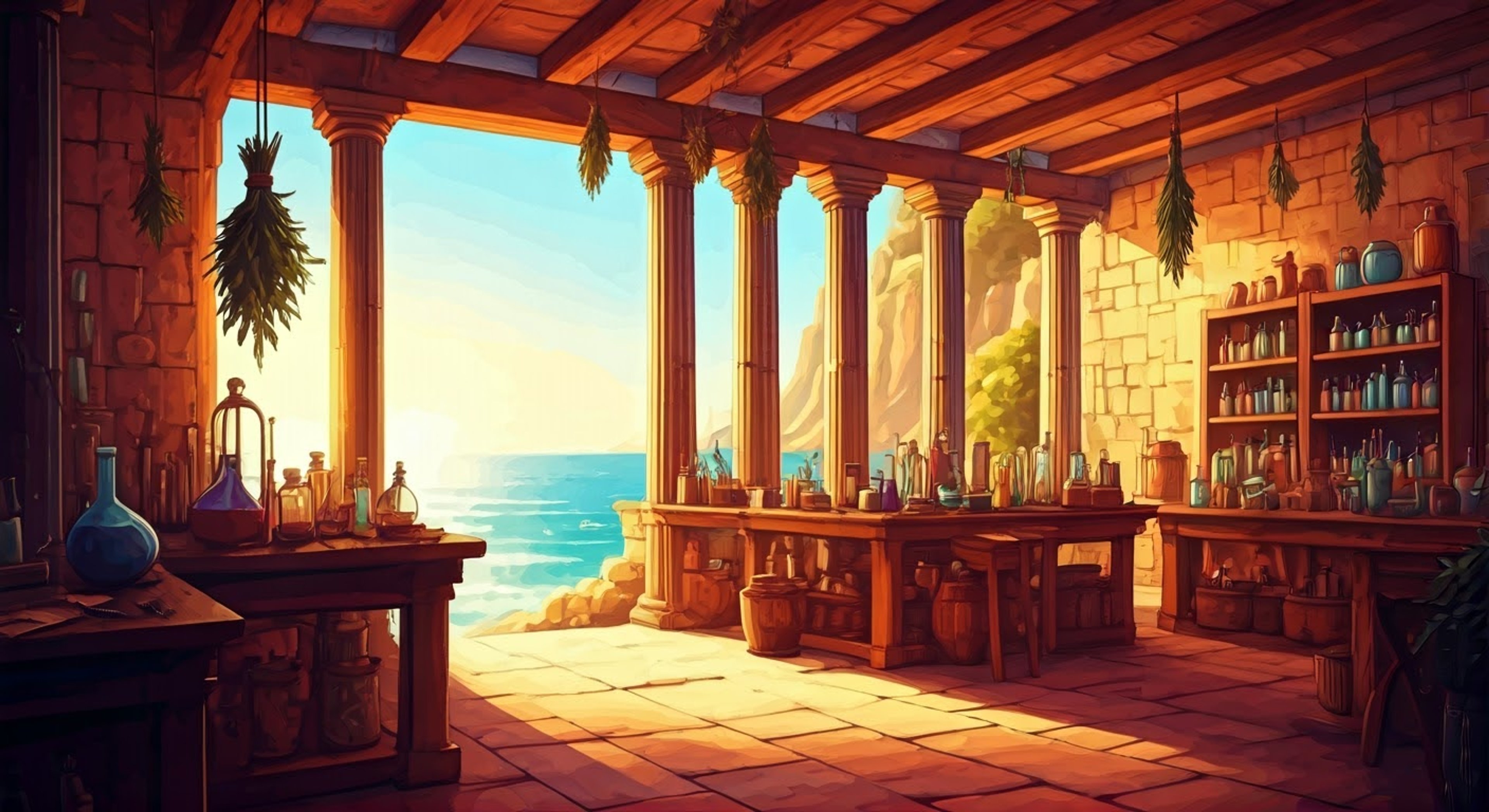 You find yourself on Circe's mystical island of Aeaea, where the powerful enchantress has agreed to teach you the secrets of her potion-making craft. Working alongside this charismatic goddess in her sunlit sanctuary, you'll gather rare magical ingredients and learn to brew transformative elixirs under her watchful golden gaze.