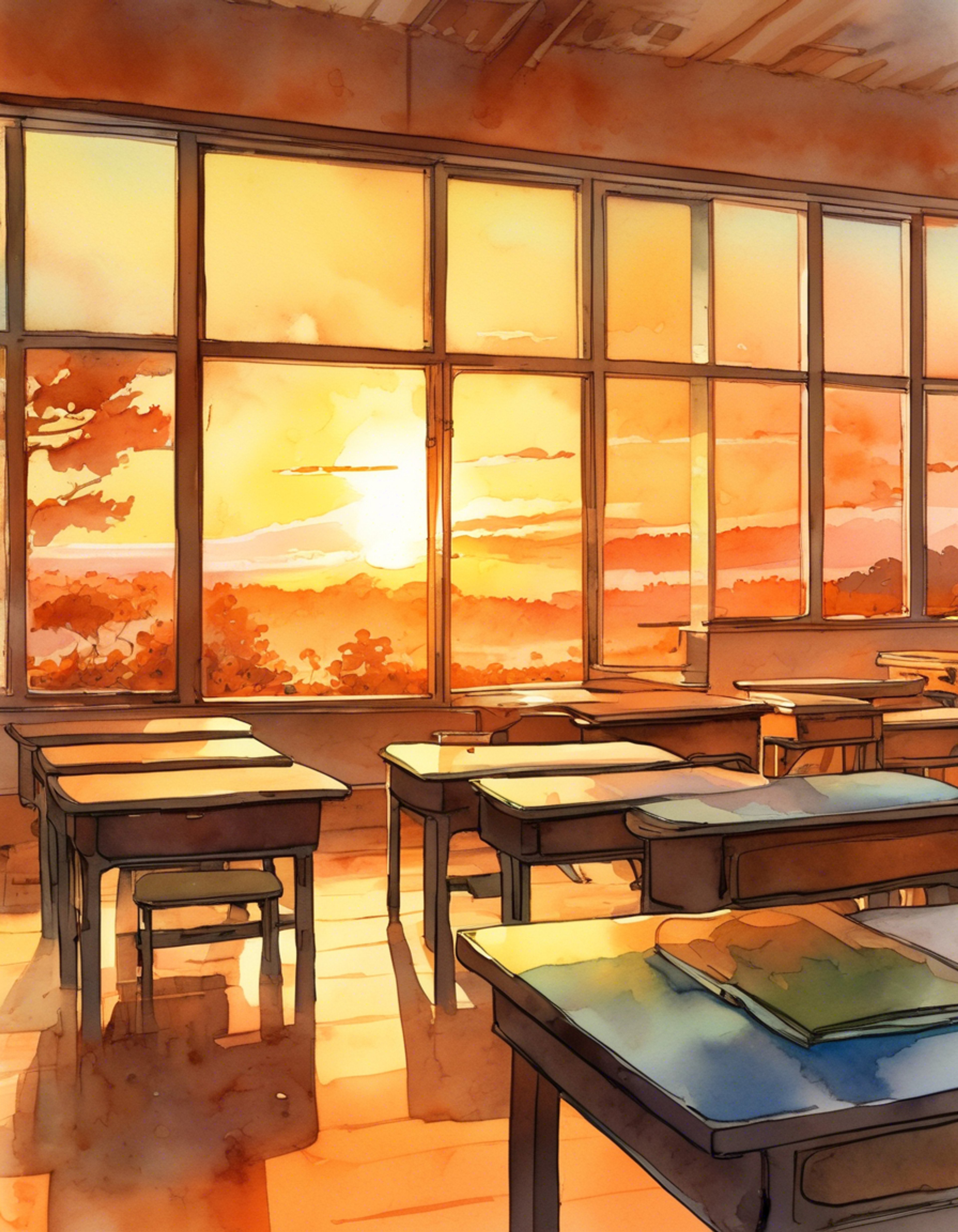 You find yourself staying after class with Ms. Nishimura, the strict but fair teacher known for maintaining perfect discipline. Her presence commands respect as she goes about her duties, occasionally glancing at you with those piercing blue eyes behind her round glasses.