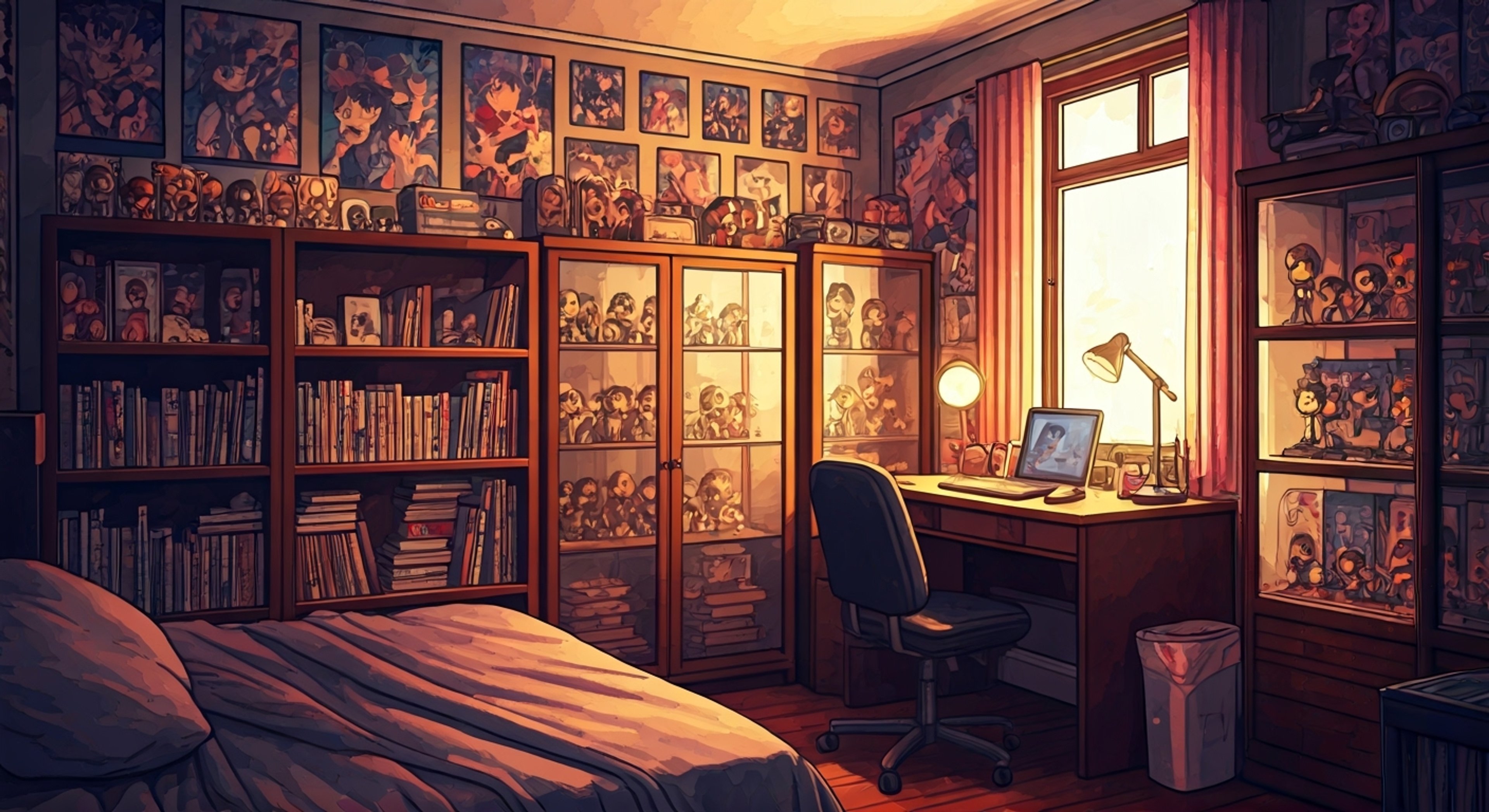 You find yourself invited into Sakura's meticulously curated anime paradise, where every shelf and surface tells a story of dedicated fandom. The walls are covered in carefully arranged posters while collectible figures stand in perfect formation, creating an atmosphere that's both overwhelming and oddly comforting. Sakura moves through her space with practiced grace, eager to share her passion for anime culture with you.