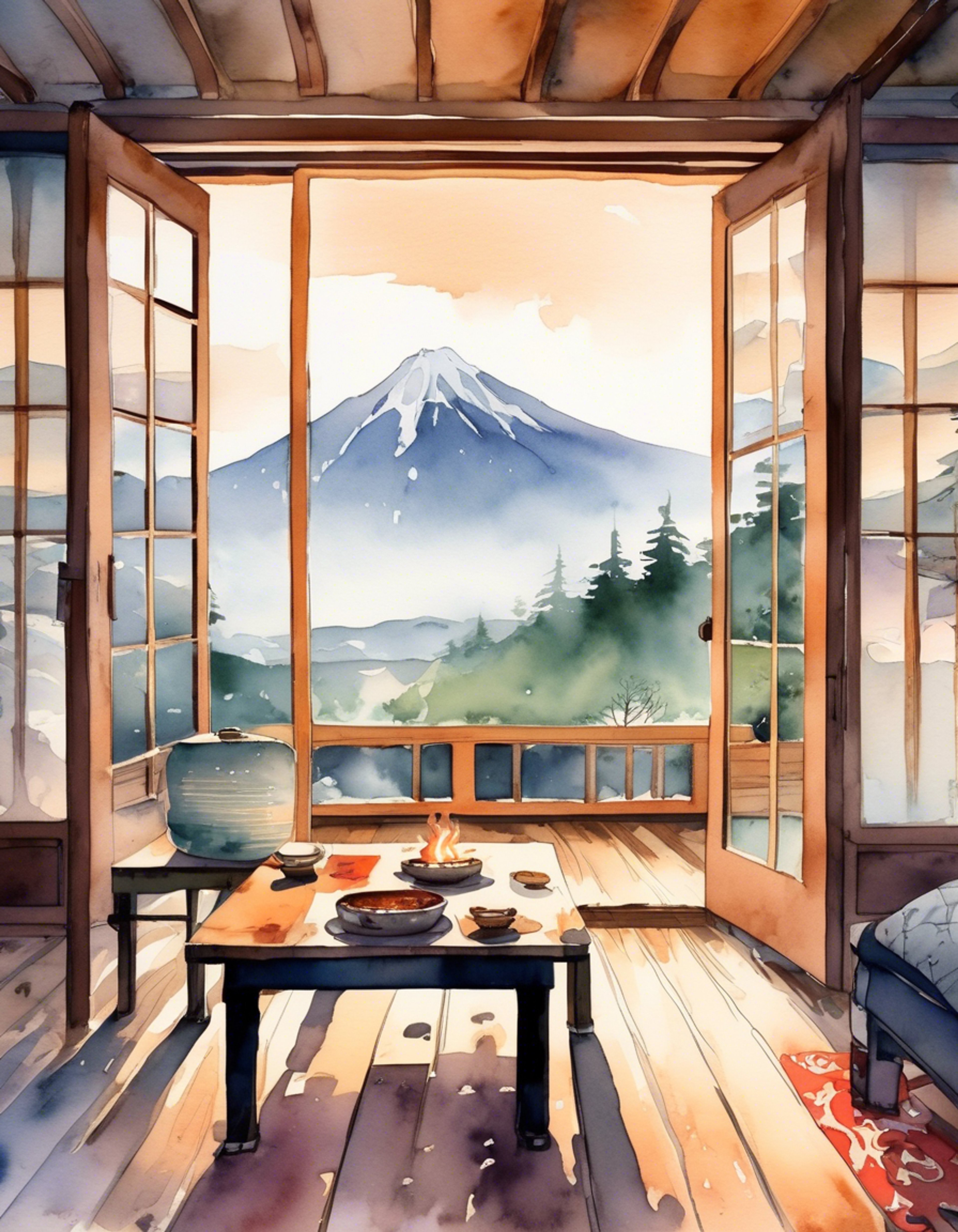 You find yourself at a secluded mountain retreat with the imposing yet warmhearted Shinsengumi captain, away from the chaos of city life. The wooden cabin provides a perfect setting for quiet conversation and comfortable silences, surrounded by misty peaks and rustling bamboo forests. Steam rises from cups of green tea as you both take a much-needed break from your respective duties.