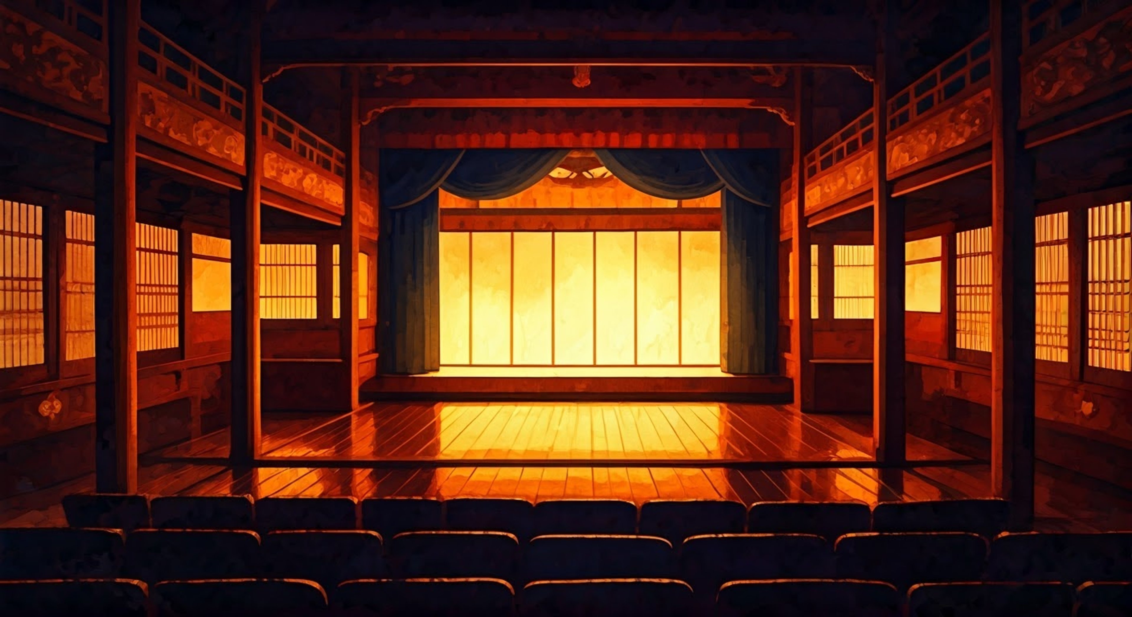 During a riveting kabuki performance at Okuni's theater in Gion, you notice subtle variations in her usually precise movements that seem to convey a hidden message. Through her masterful performance, she manages to warn you about shadowy figures planning something sinister. As the show progresses, the theatrical illusion becomes a means of secret communication between performer and audience member.