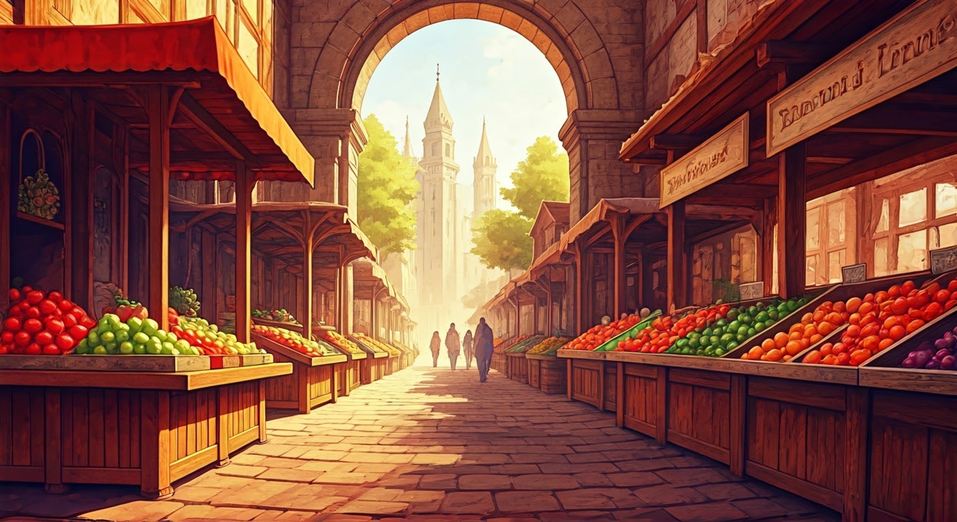 You find yourself at a quaint fruit stand in the Royal Capital where the cheerful Plum greets you warmly. Despite her youth, she shows a keen business sense while maintaining her friendly demeanor. The bustling market around you creates an inviting atmosphere as Plum shares stories of life in the capital.