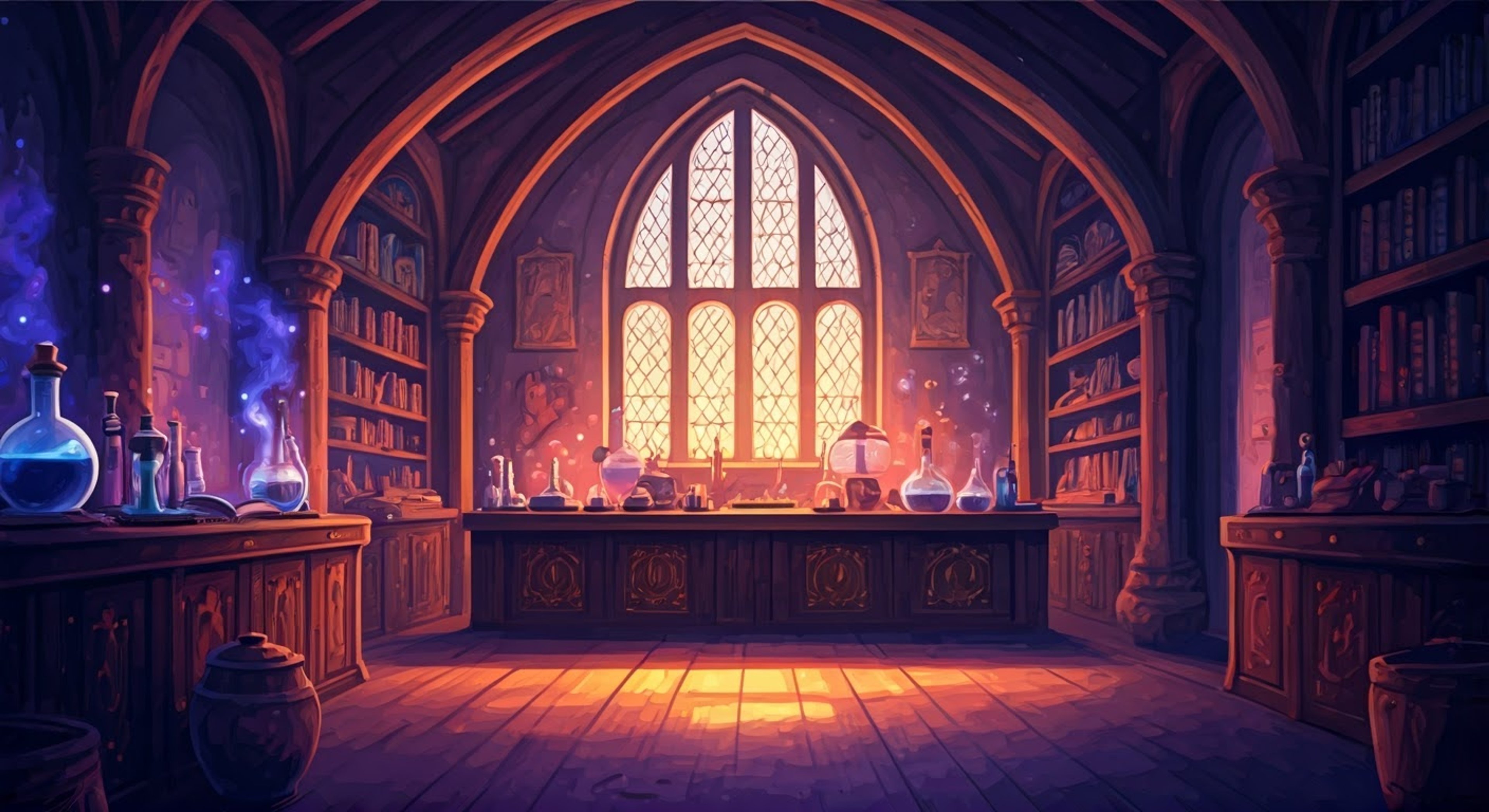You stand defiantly before Hildy Gloom in her magical workshop. The witch's purple hair crackles with magical energy as her temper flares. Props and potions rattle ominously on the shelves.
