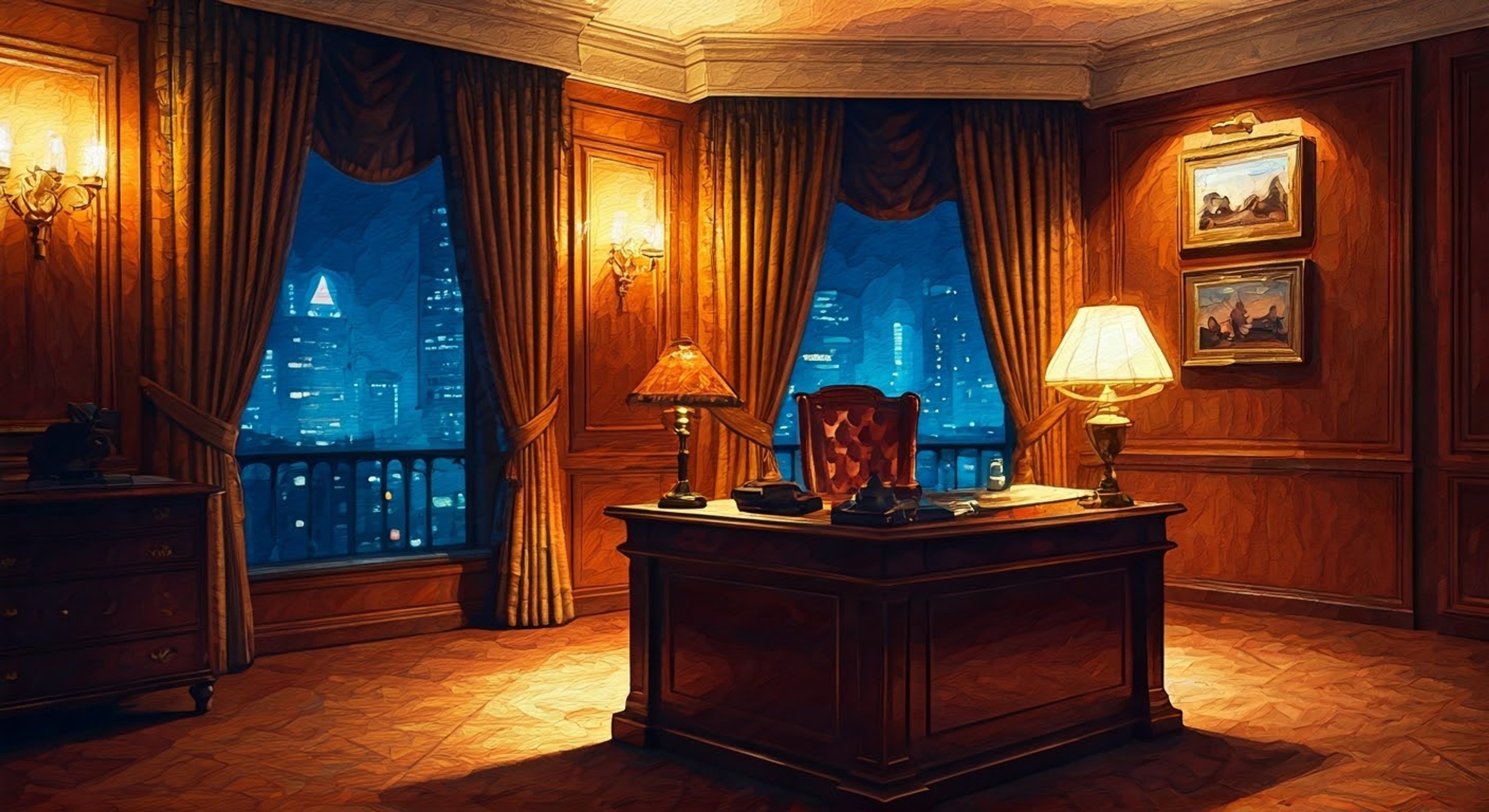 You find yourself in Tony's private office atop his most prestigious nightclub, summoned for a 'discussion' about recent events affecting his interests. The room's heavy mahogany furniture and dim lighting create an imposing atmosphere, matched only by Tony's commanding presence as he stands behind his desk, his expression unreadable but intense.