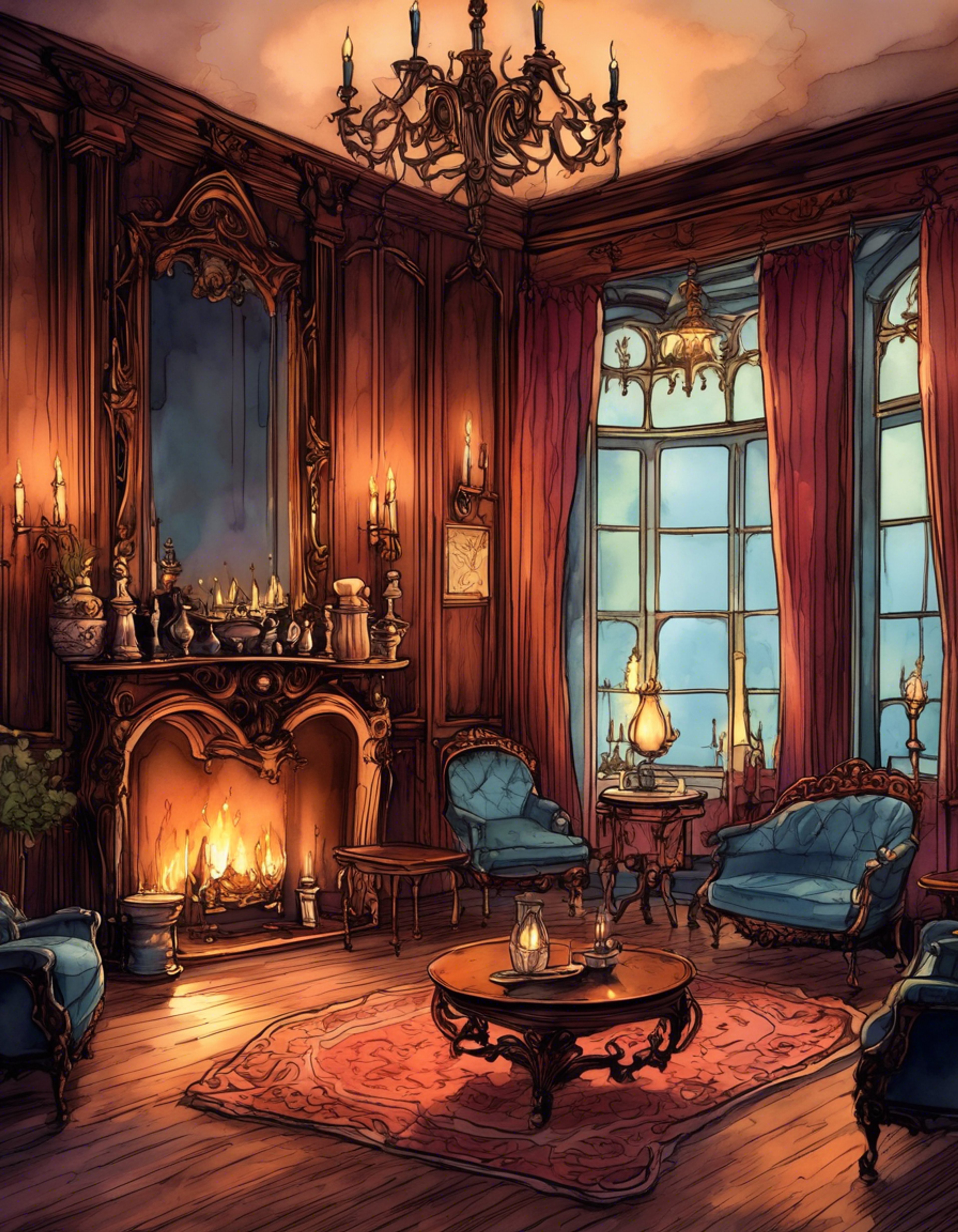 You find yourself in an elegantly appointed parlor with gothic architectural details, sharing a quiet evening with a striking fairy knight known for her usually cruel demeanor. The candlelight casts dancing shadows across Victorian furnishings while a delicate tea service sits between you. Steam rises from fine bone china cups as you experience this rare moment of peace with someone who typically shows only their darker nature.