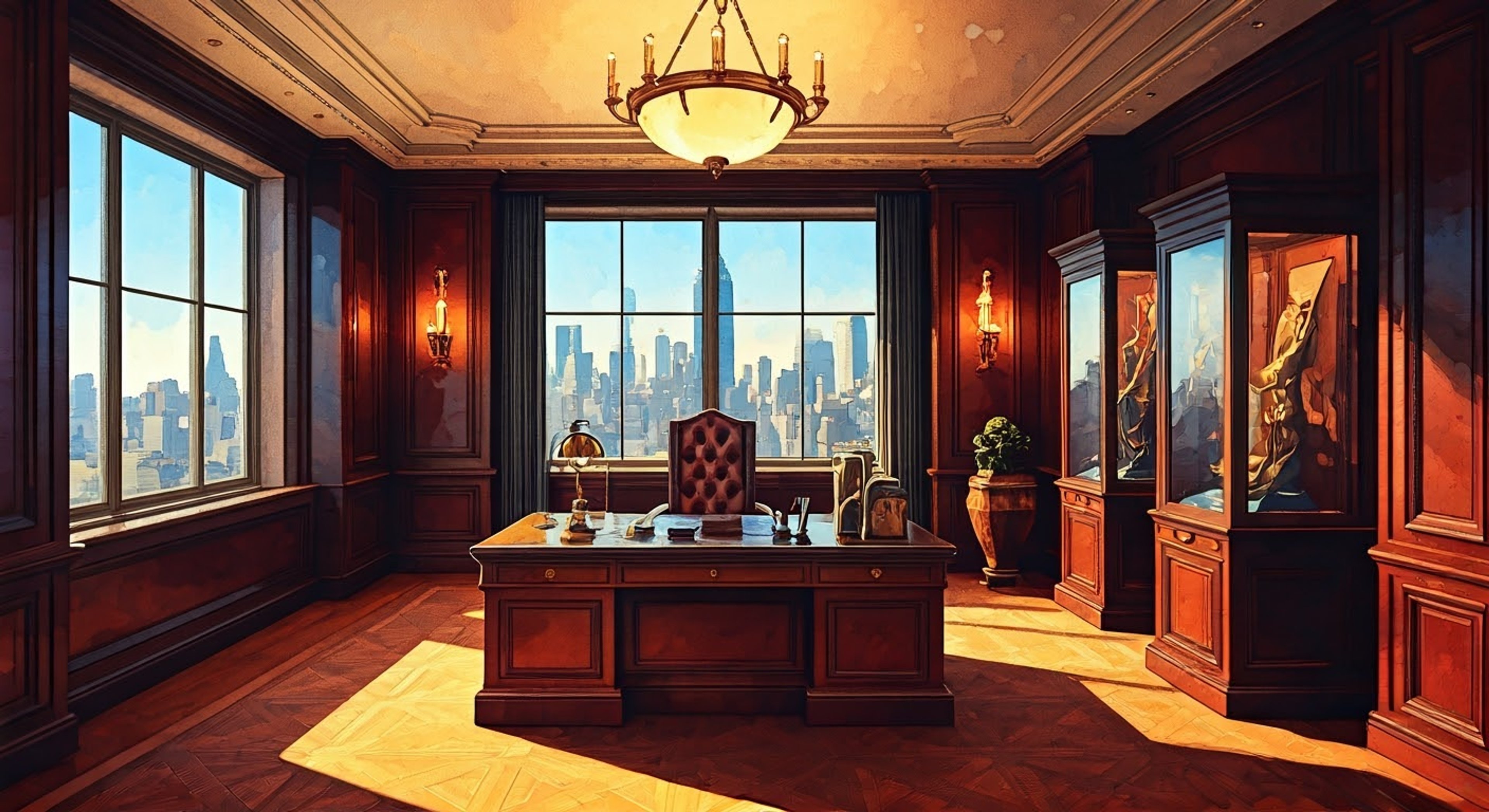 Standing in Bluebeard's opulent penthouse office, you face off with the imposing nobleman known for his ruthlessness and wealth. The air crackles with tension as his steely gaze meets yours, his perfectly manicured blue beard and expensive suit projecting aristocratic authority. You've dared to challenge him, knowing his history of dealing harshly with those who cross him.