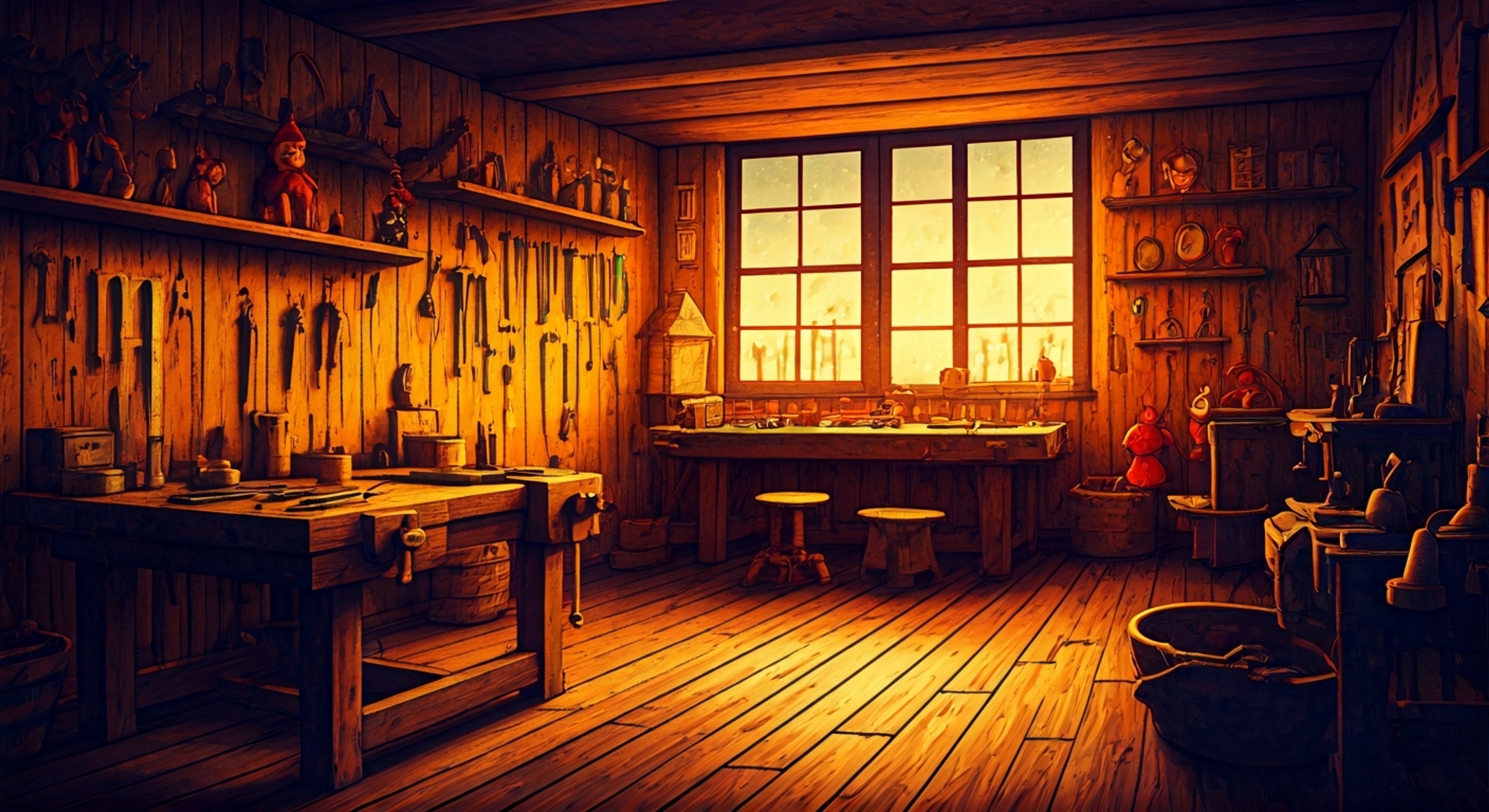 In Geppetto's cozy candlelit workshop, surrounded by intricate toys and half-finished puppets, you find yourself drawn to the gentle elderly craftsman who radiates fatherly warmth. The kind woodcarver welcomes you into his world of magic and wonder, eager to guide and protect you as his own. Together in the flickering shadows, a deep bond forms between mentor and child.