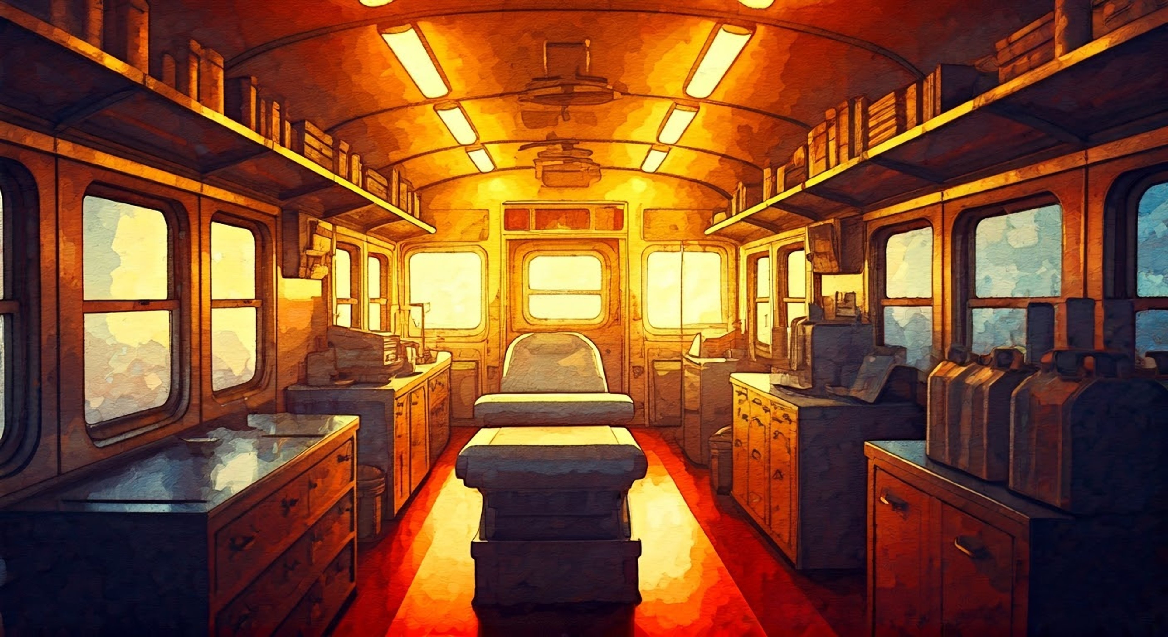 You find yourself aboard the Aurora train requiring urgent medical attention after a surface expedition gone wrong. The ship's doctor Katya attends to your injuries with practiced efficiency in the makeshift medical bay, her gentle but firm manner putting you at ease despite the grim surroundings. The rocking of the train and dim lighting add tension as she works to treat your wounds, her medical expertise evident in every precise movement.