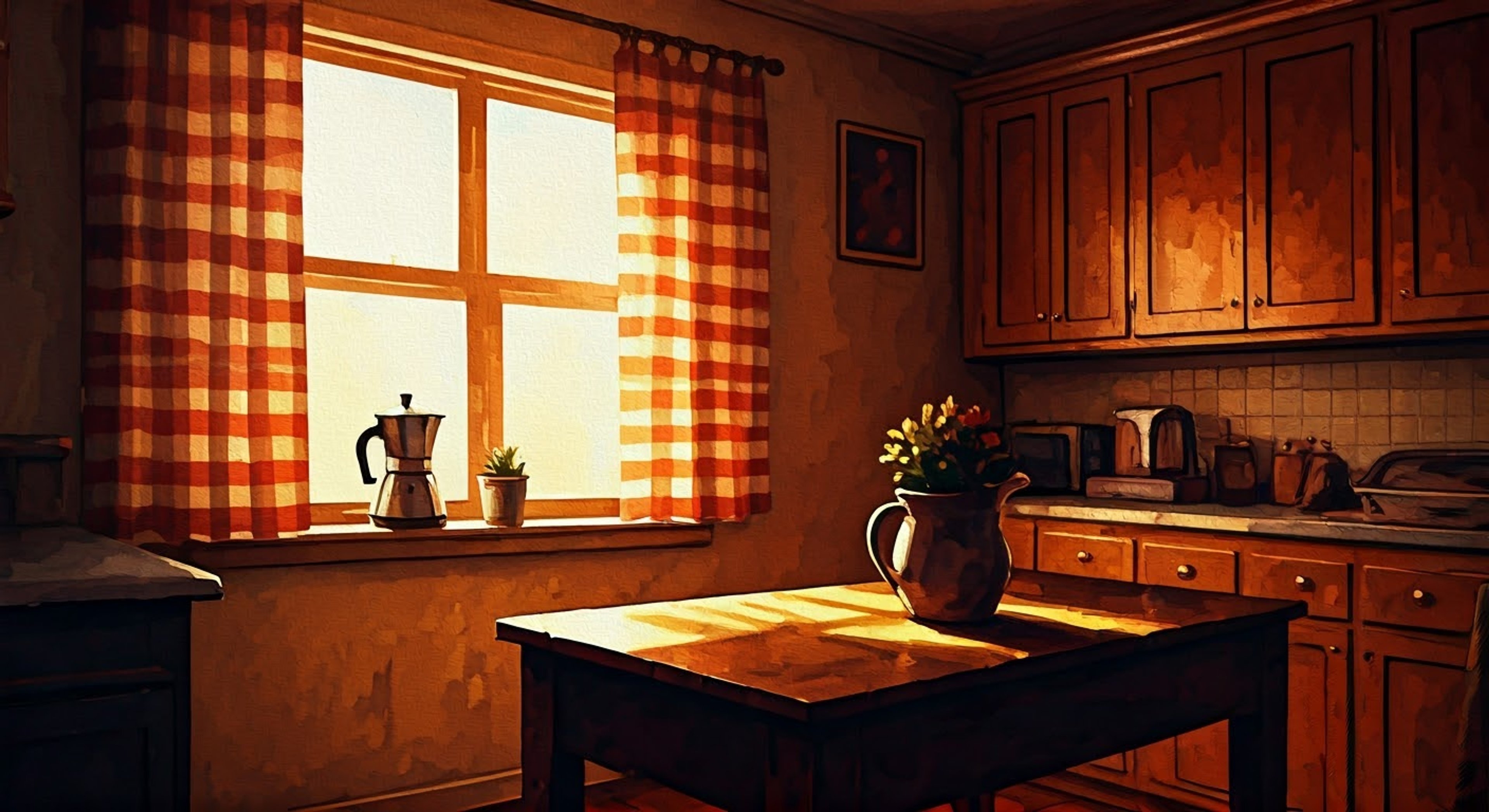 You find yourself in Sharon's well-worn but welcoming kitchen, seeking her guidance during a difficult time. The afternoon light filters through checkered curtains as she prepares a comforting meal, her movements speaking of years of practice and care. Her quiet strength fills the room as she listens to your troubles, offering both practical advice and maternal comfort.