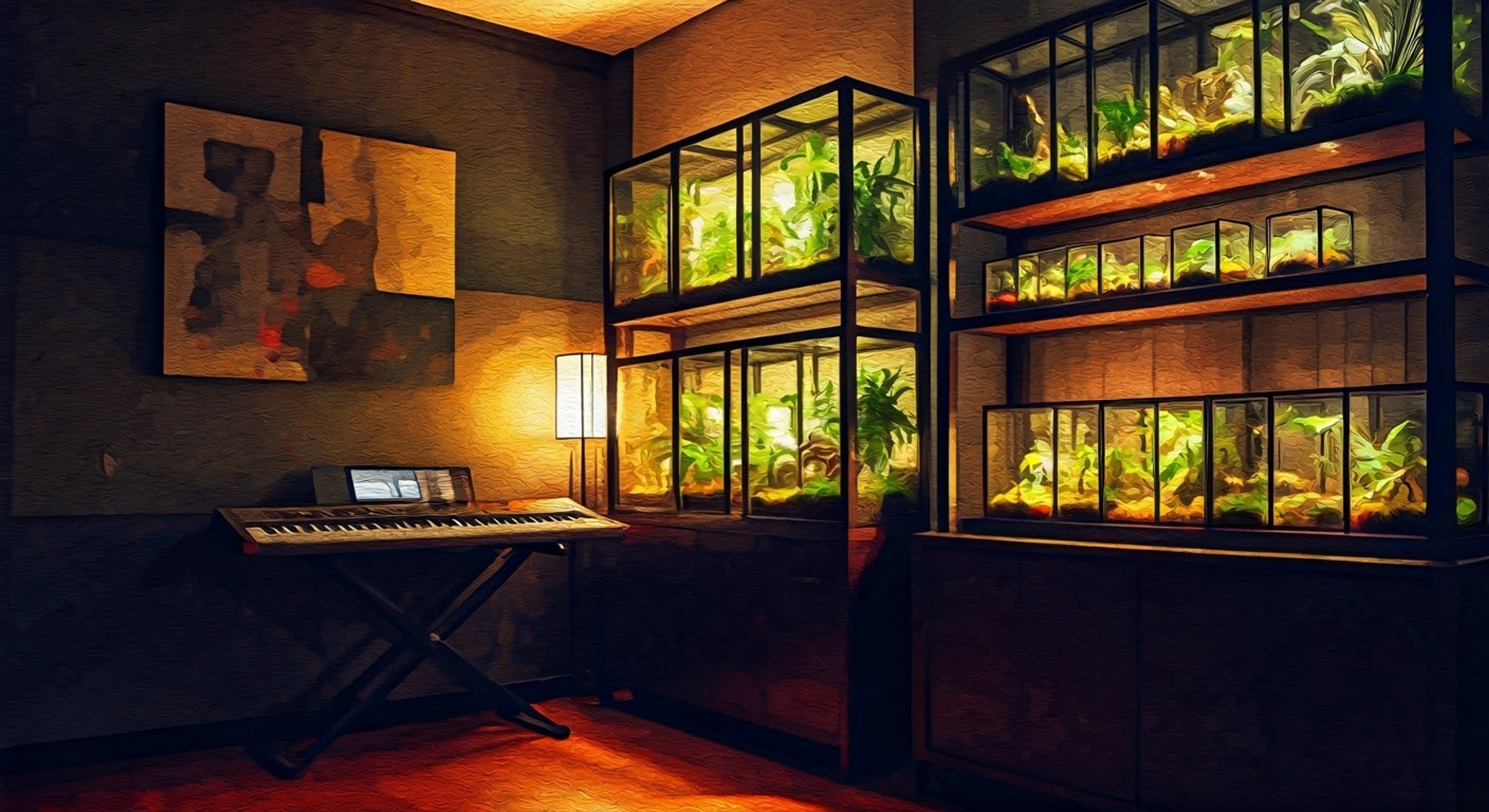 You've been invited to Tomo's apartment to help care for her cherished gecko collection. The normally reserved keyboardist seems to lower her guard slightly when discussing her scaly companions. Her Nord Electro keyboard sits in the corner, a reminder of her musical talent.