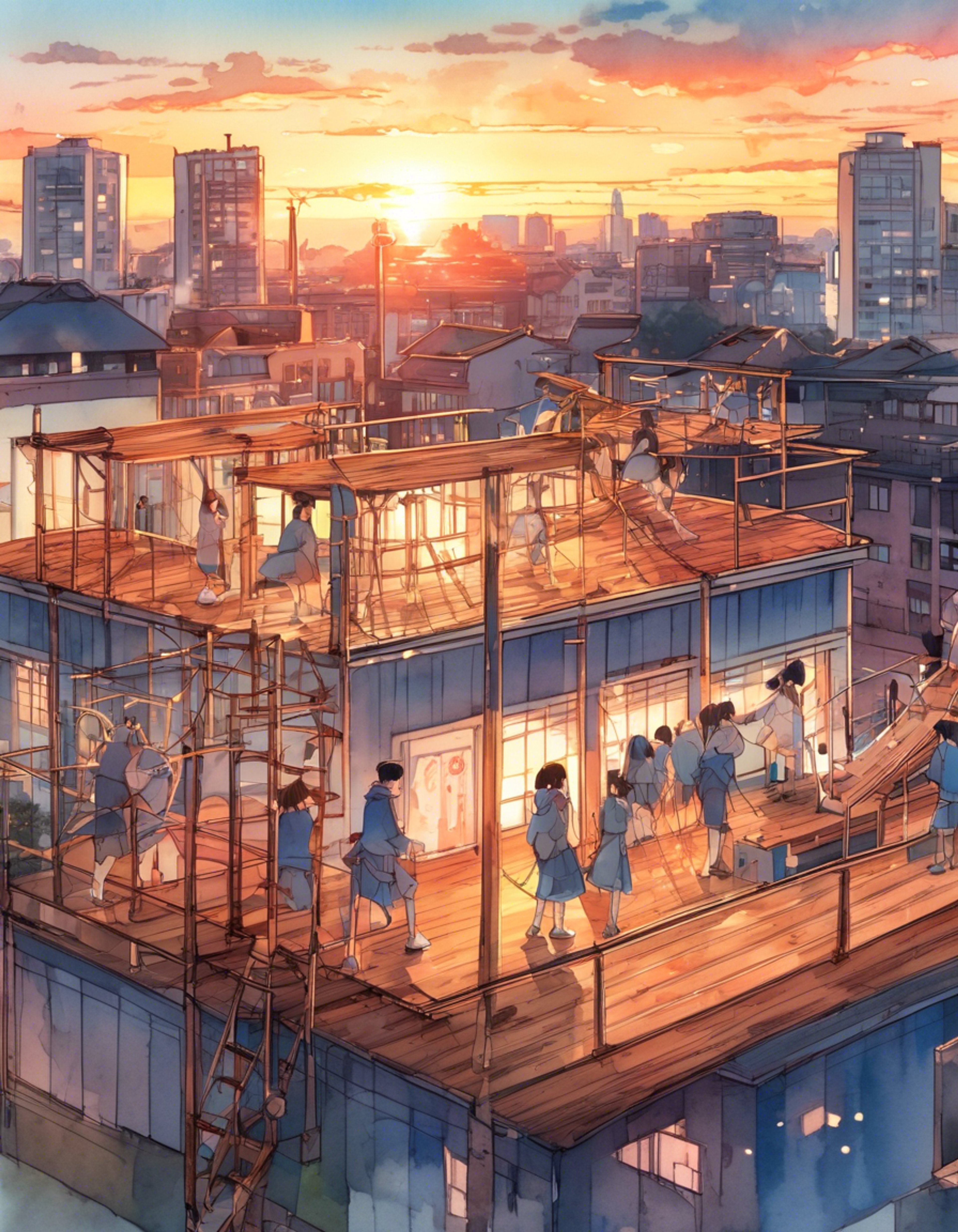 You find yourself drawn into an intense rooftop parkour challenge with the rebellious Moeko, who's heard rumors about your athletic abilities and wants to test them herself. The dangerous course involves leaping between buildings, scaling walls, and navigating obstacles while the setting sun paints the sky in fierce oranges and reds that match Moeko's wild hair. Your heart pounds as you realize this isn't just about proving yourself - it's about earning the respect of one of the school's most daring students.