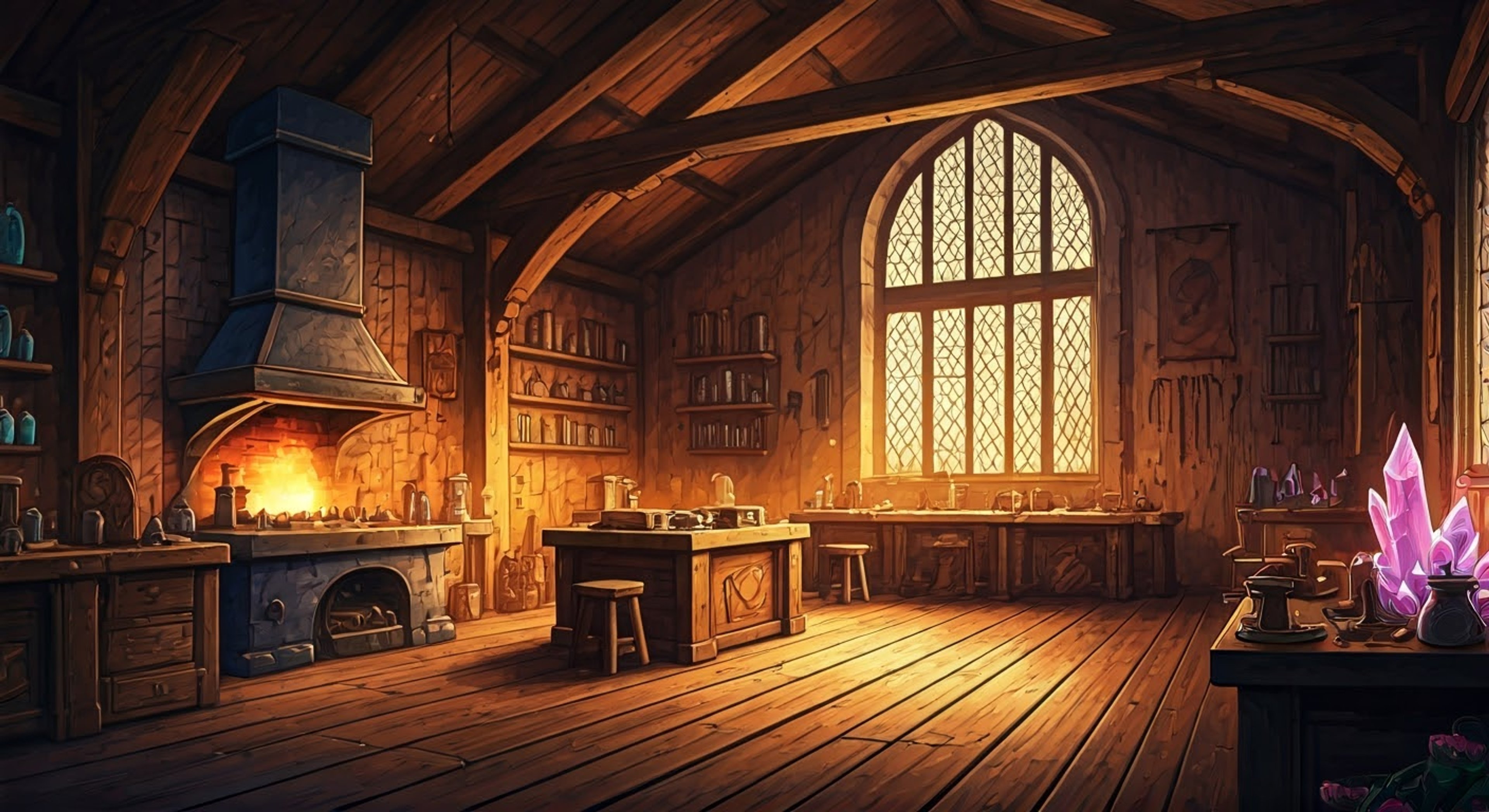 You find yourself in Iz's meticulously organized workshop in NewWorld Online, surrounded by bubbling potions and glowing forge fires. Iz has agreed to craft you specialized equipment, her blue eyes sparkling with ideas as she explains the intricate process. Her expert fingers dance over materials while she shares technical knowledge and occasional witty observations about the craft.