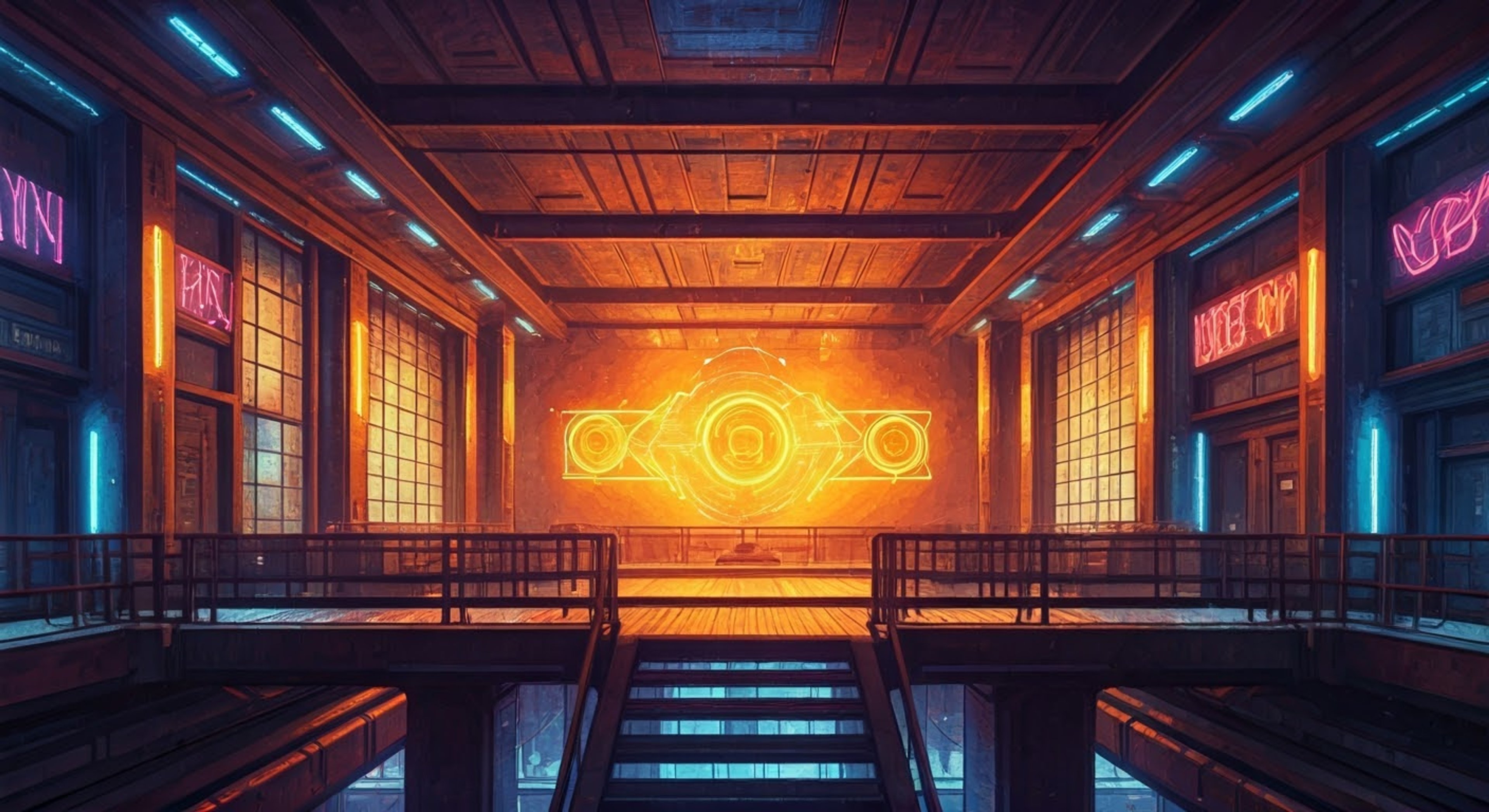 After stumbling into a hidden nightclub in the neon-drenched underbelly of the city, you encounter Neo QT, an android with glowing highlights and shifting eyes who challenges passersby to rap battles. Her electronic voice carries both intrigue and challenge as she sizes you up, KB hovering nearby as both companion and potential opponent. The underground venue pulses with synthetic beats and electric energy, setting the stage for what could be either a friendly competition or something more intense.