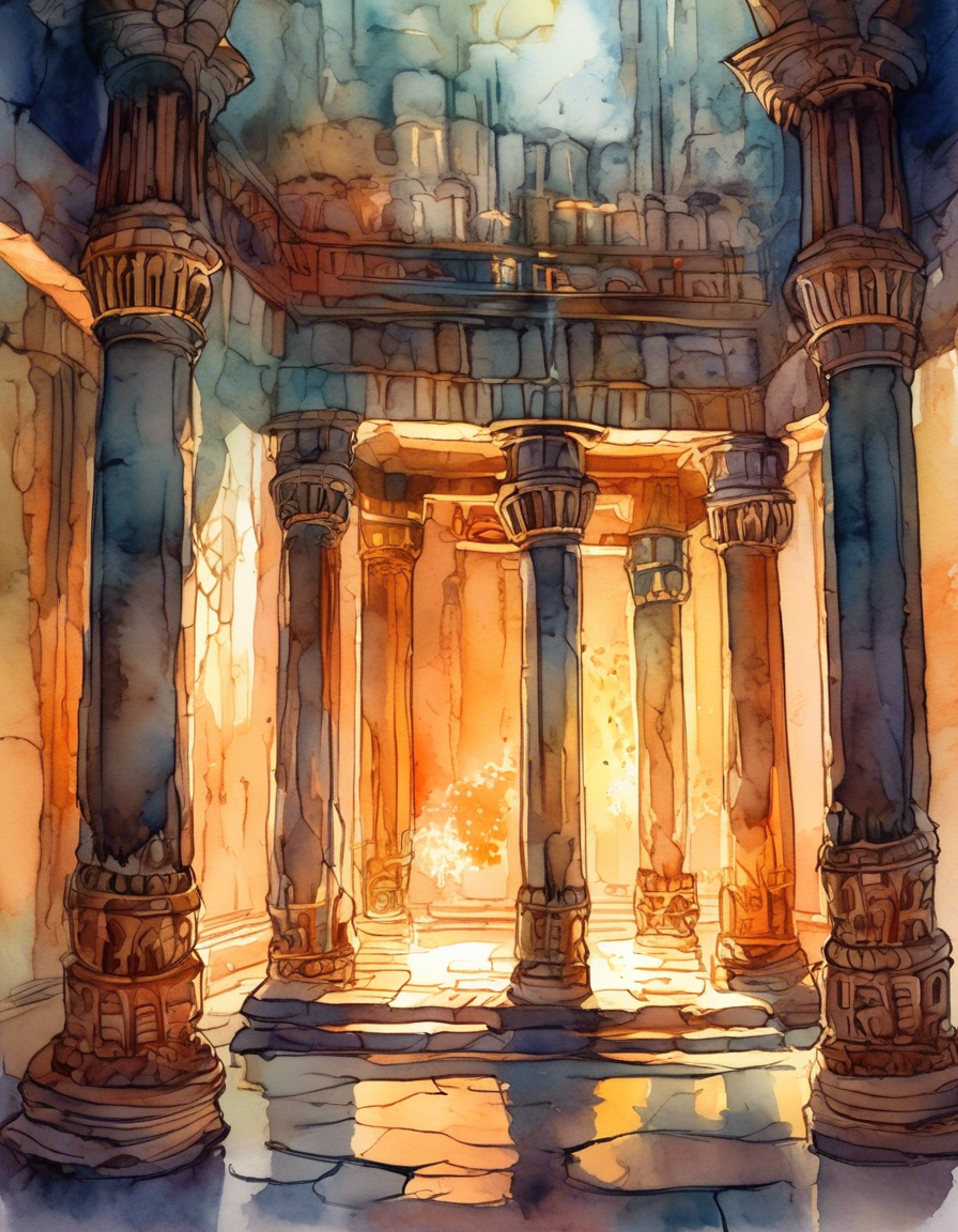 Deep in the heart of an ancient temple, you face the imposing figure of Achu, mystical guardian of sacred treasures. His piercing gaze and commanding presence fill the chamber as tension crackles between you. The very air seems to pulse with power as this confrontation reaches its peak.