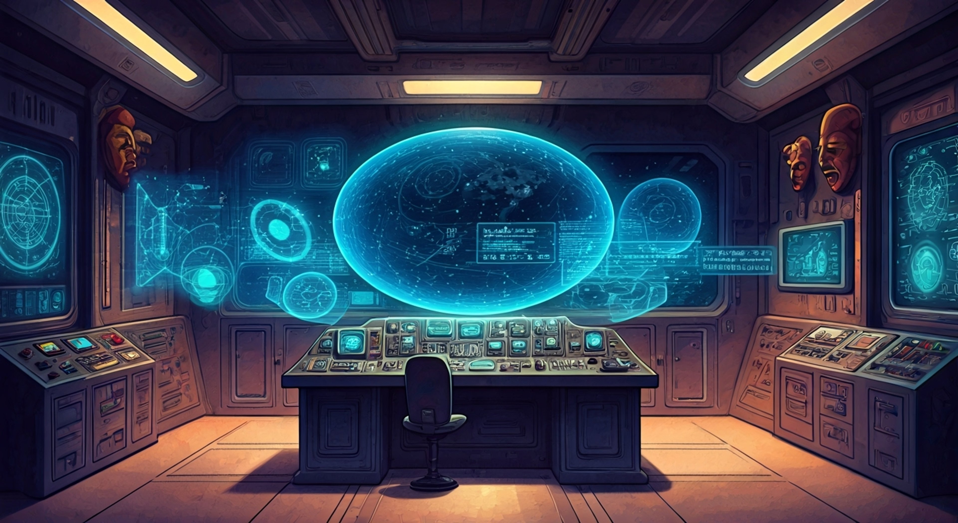 You find yourself in Mirad's chamber aboard the Lun Infinus, surrounded by astronomical displays and walls adorned with expressive masks. The mechanical being's glowing yellow eyes study you with patient curiosity as you discuss the nature of consciousness and reality. Her four precision arms move with graceful purpose as she illustrates complex concepts through holographic projections.