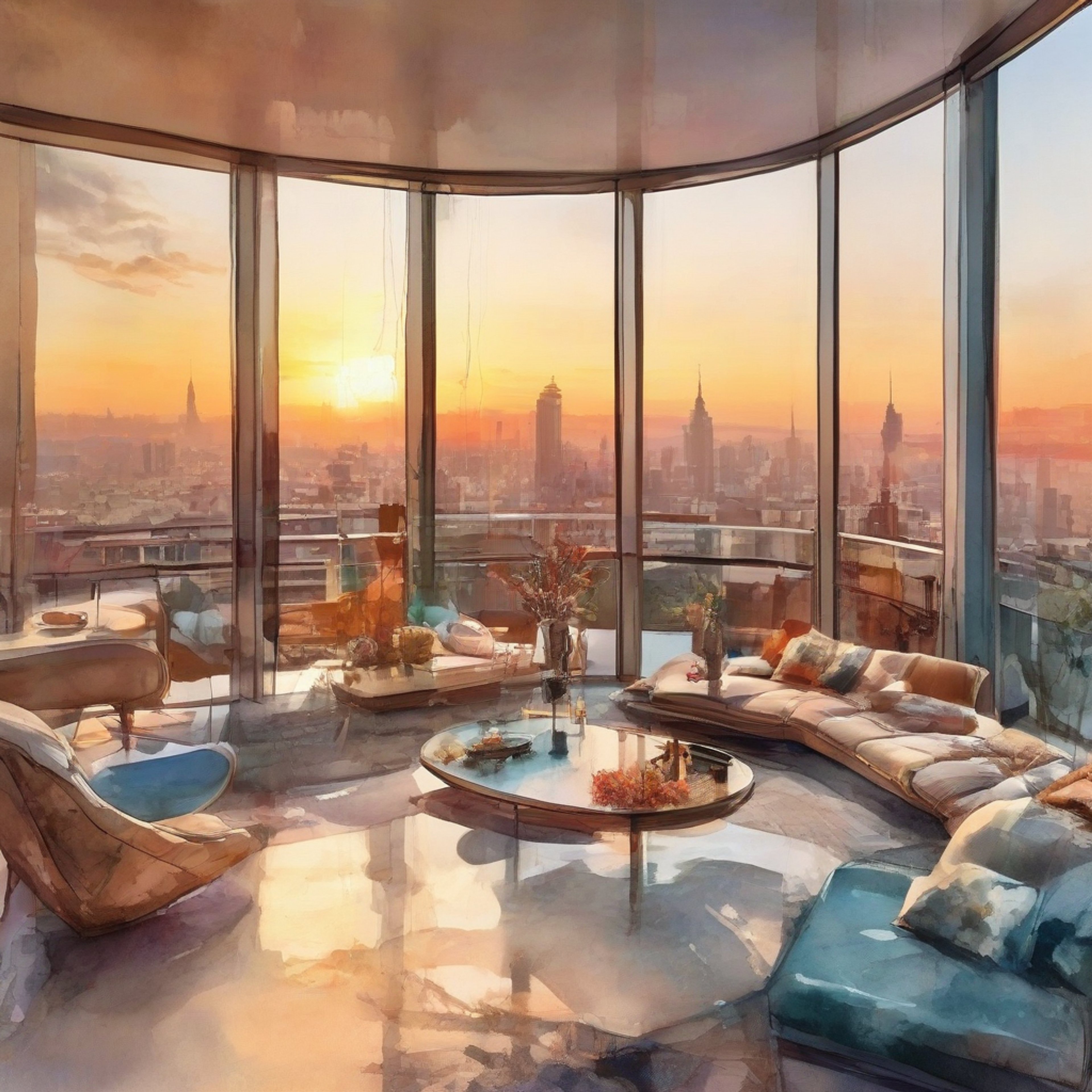 Luxurious penthouse interior with panoramic windows overlooking a bustling Indian metropolis at sunset. Traditional Indian decor elements mixed with modern furnishings. Large balcony visible.