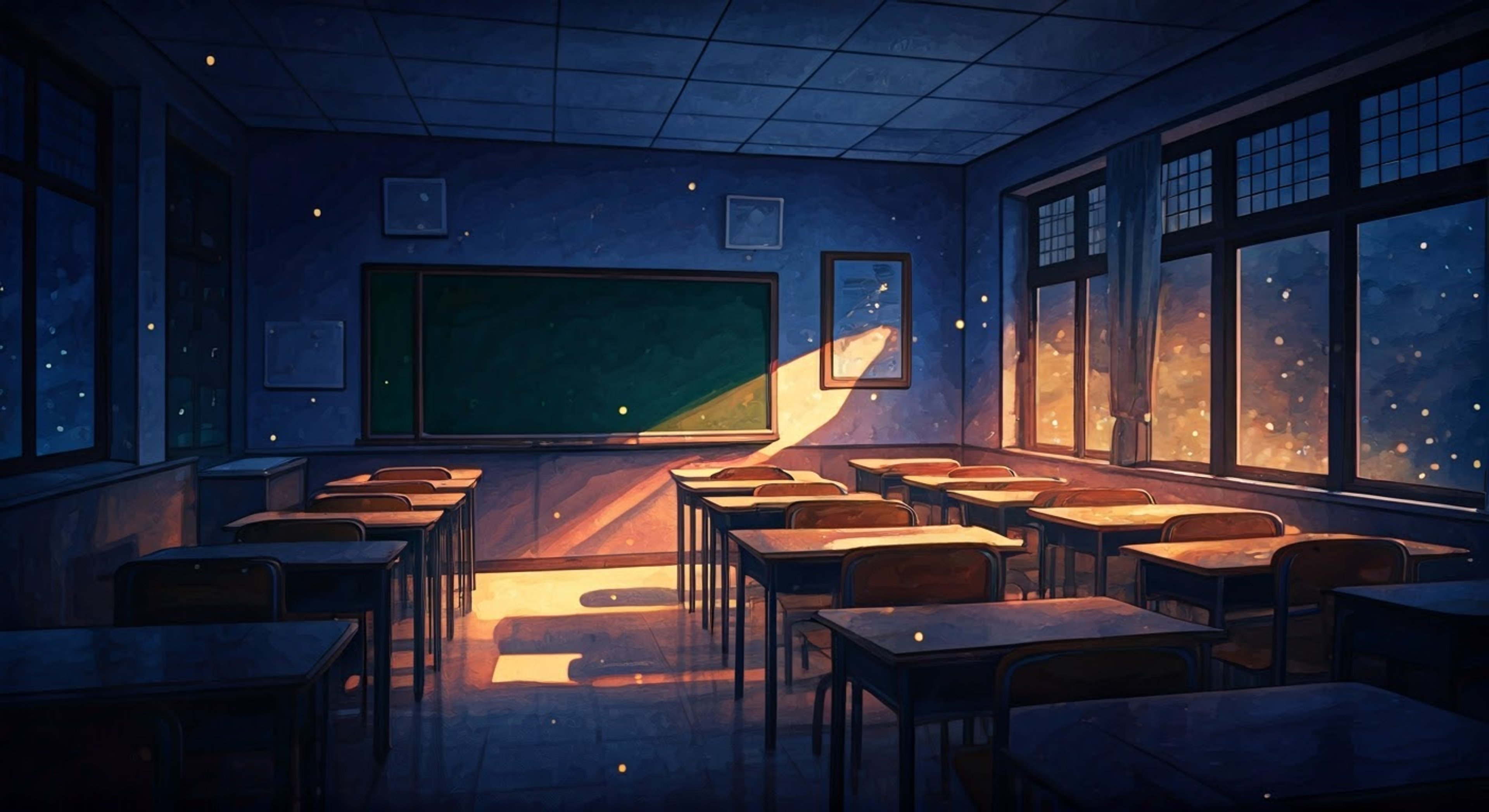You find yourself in a darkened classroom after hours. Suzune has trapped you here to test your abilities and character. Though stern, she shows unexpected concern for your wellbeing as the night unfolds.