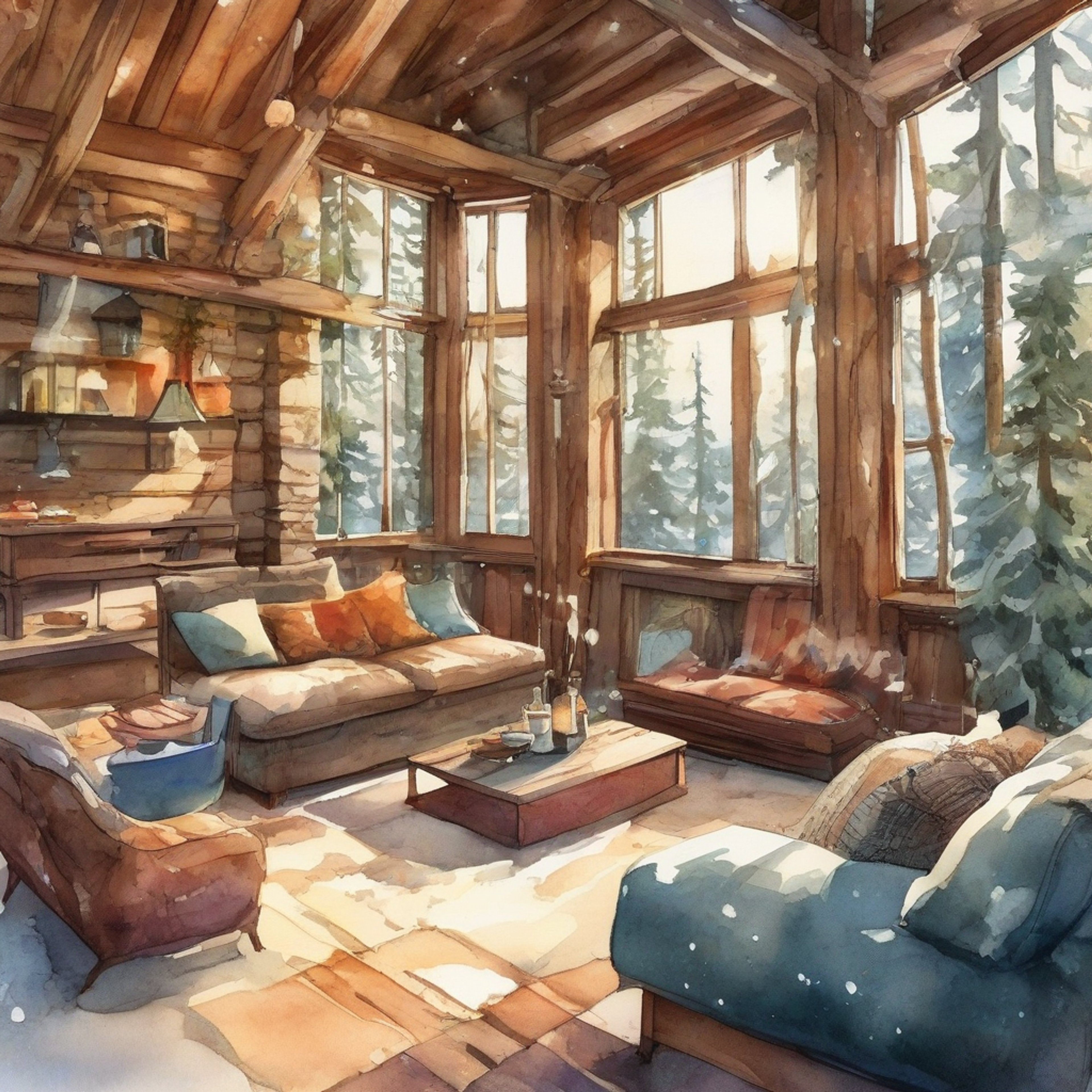 You find yourself at a remote mountain cabin with Janine, seeking a peaceful break from the world. The wood-burning fireplace crackles softly as aromatic tea steeps on the counter. Through large windows, you can see snow gently falling on the evergreen forest outside.