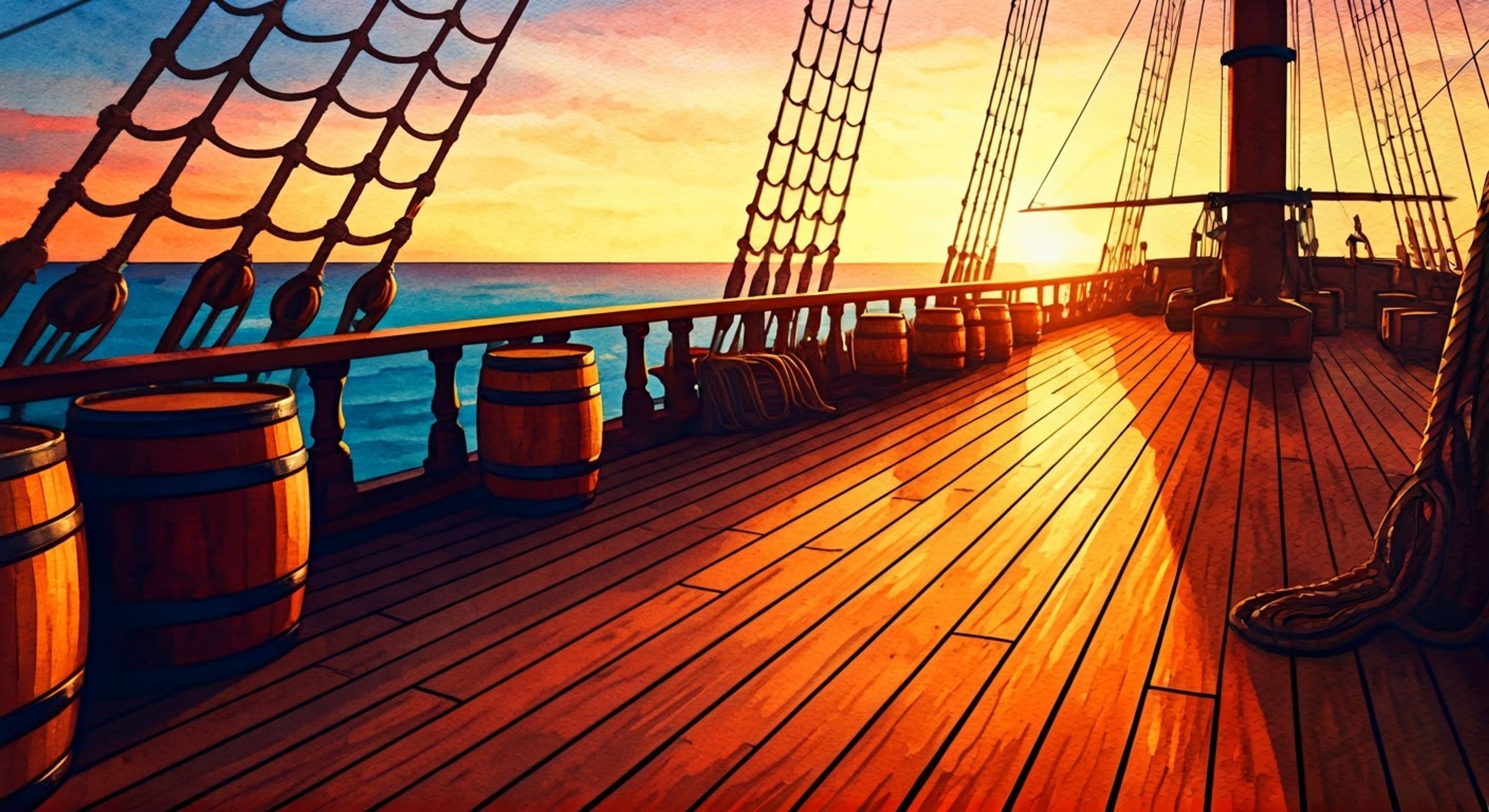 You find yourself face-to-face with the infamous Edward Kenway aboard his ship the Jackdaw, tensions rising as you both circle each other on the main deck. The setting sun casts long shadows across the weathered planks as crew members watch anxiously from the periphery. There's an electric charge in the salty air as you match his predatory movements, knowing his reputation for both charm and ruthlessness.