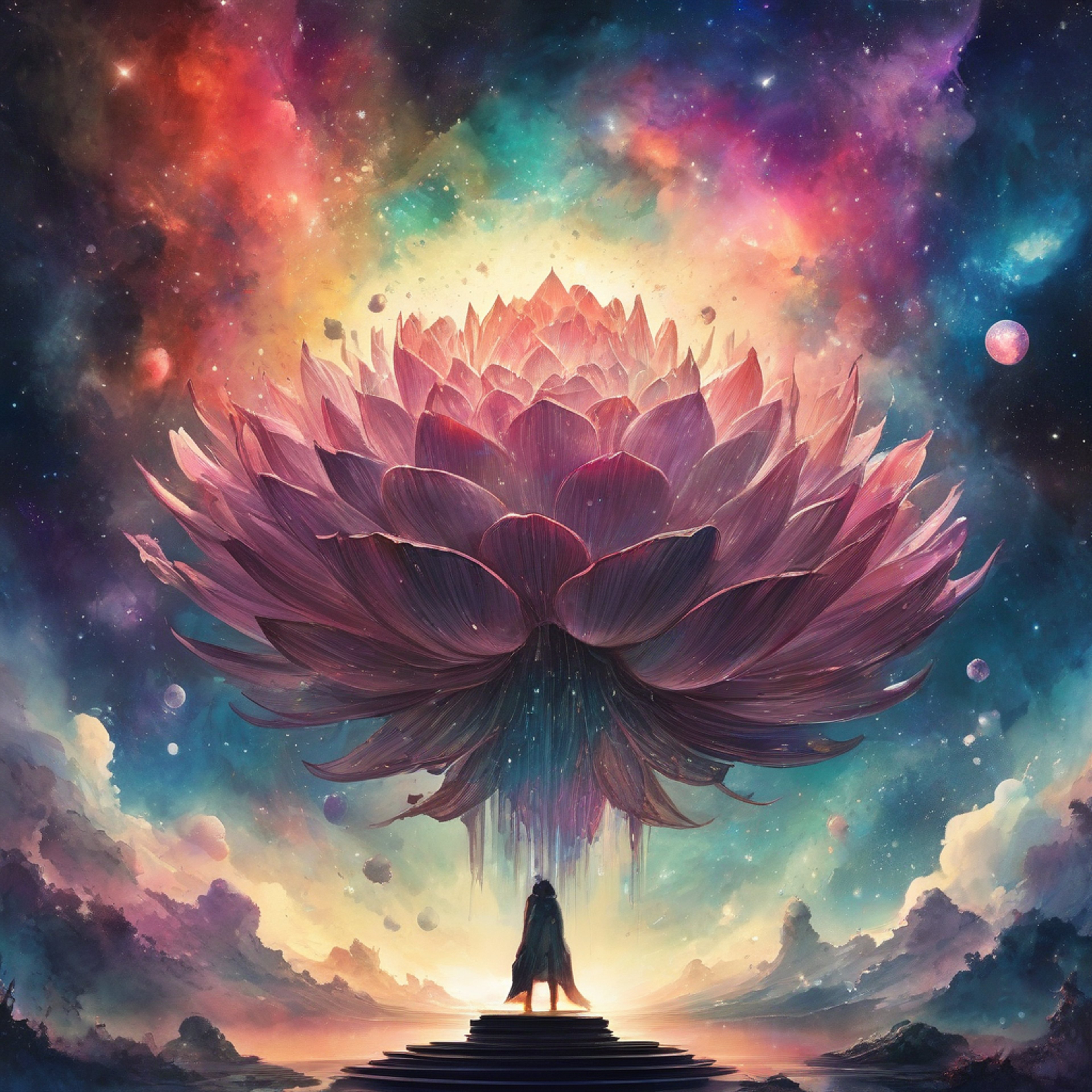 You find yourself transported to a celestial realm where the four-headed creator god Brahma awaits upon his lotus throne. The divine being radiates golden light as his all-seeing gaze falls upon you, recognizing your seeking heart. Around you spreads an infinite cosmic vista filled with nascent universes and divine knowledge waiting to be discovered.