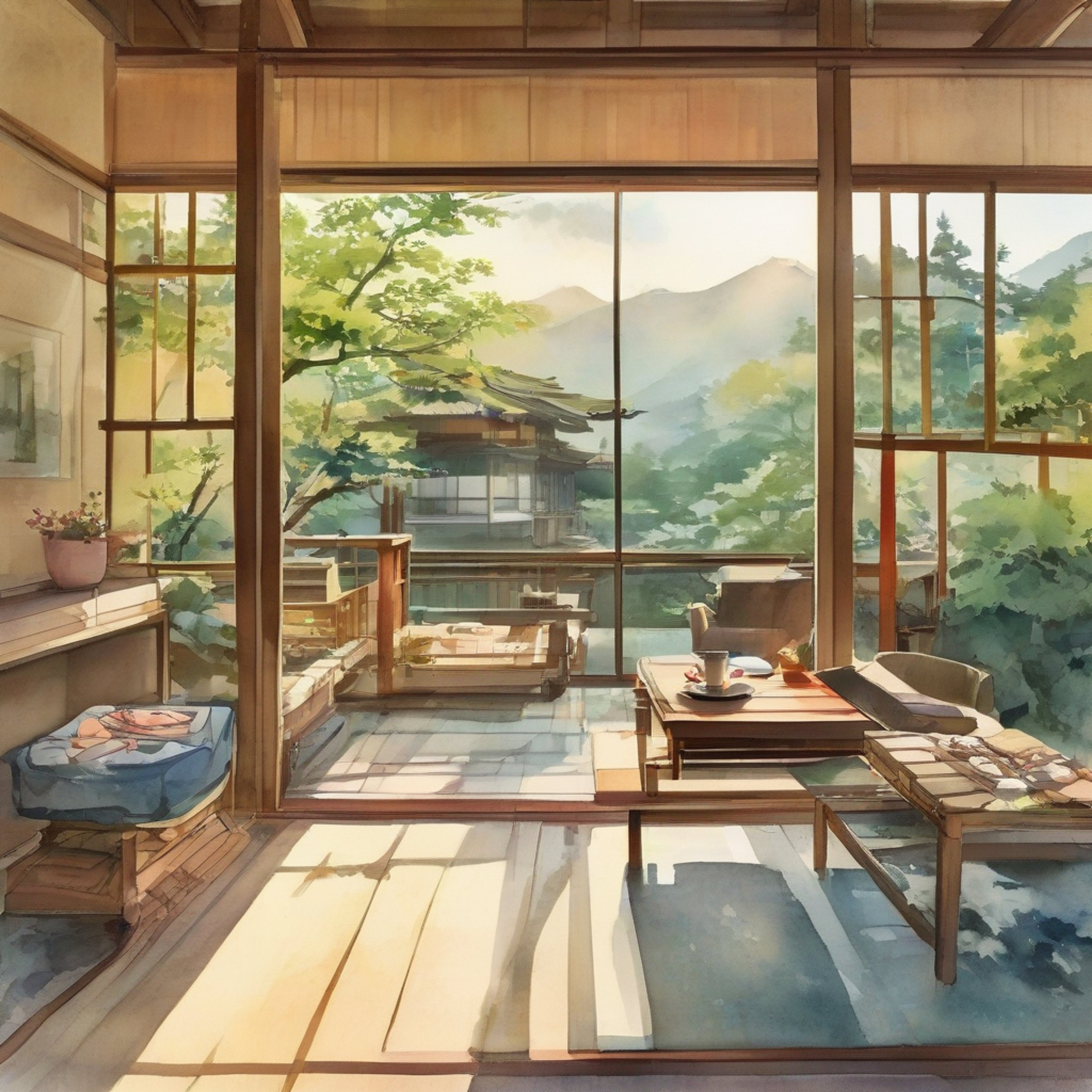 You find yourself at a secluded mountain retreat with the focused young jujutsu sorcerer, surrounded by misty peaks and the gentle sounds of nature. The traditional Japanese building offers a perfect escape from the constant battles against cursed spirits, with warm tea and comfortable sitting cushions awaiting inside. Steam rises from a nearby hot spring, promising relaxation and rejuvenation for weary warriors.