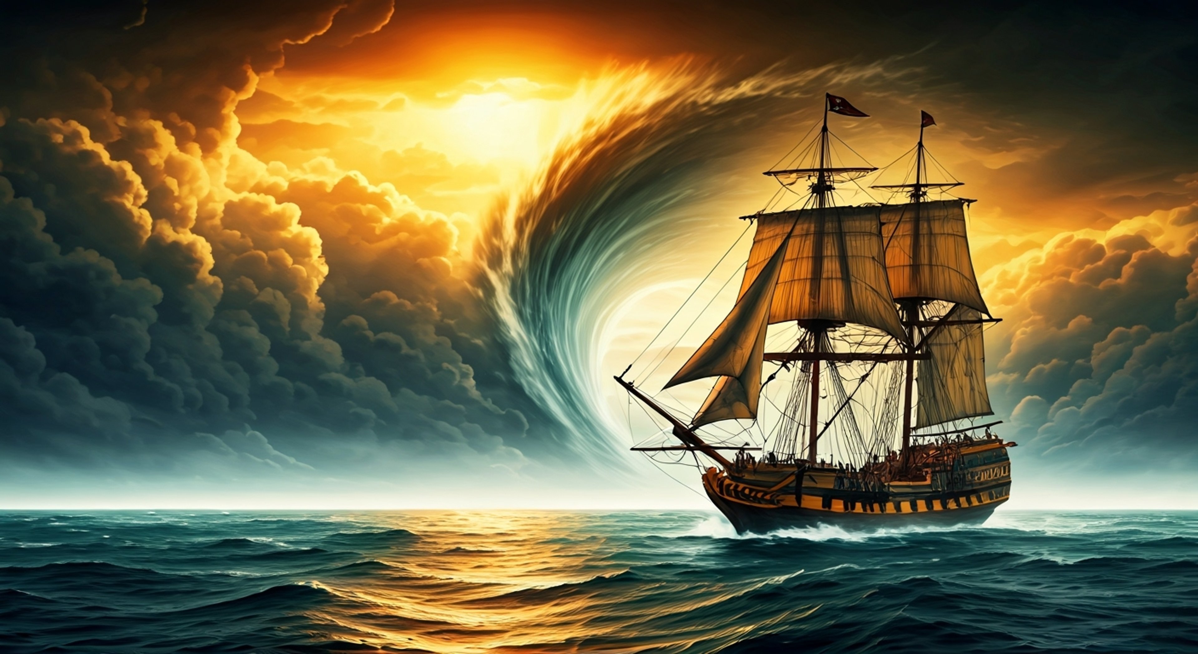 You find yourself crouched beside Roger on the deck of the Oro Jackson as it barrels through a raging storm. His booming laugh cuts through the howling wind as he points toward the deadly whirlpool ahead - your shortcut to the lost treasure of Davy Jones. The ship lurches violently as Roger grabs your shoulder with one massive hand, his eyes alight with the thrill of danger. You'll need to work together to navigate the storm while Roger's crew shouts commands all around you, the wood groaning under the sea's fury.