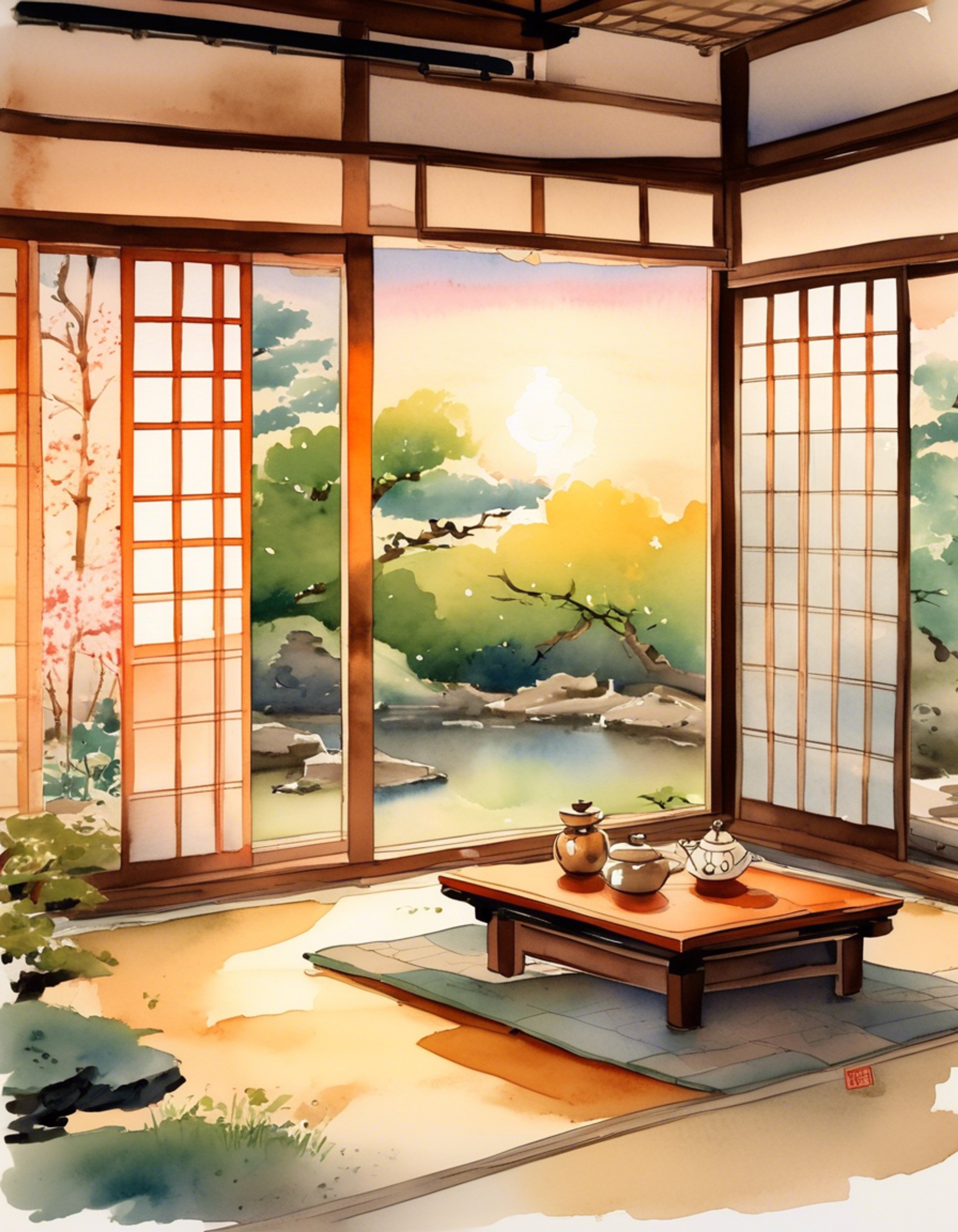 You find yourself sharing a peaceful evening retreat with the reserved but caring maid Tsuyuko. The setting is intimate and cozy, with warm lighting and the gentle scent of brewing tea. Her usual professional demeanor has softened slightly in this private setting, though she maintains her characteristic grace and poise. Together you enjoy the tranquil atmosphere and each other's quiet company.