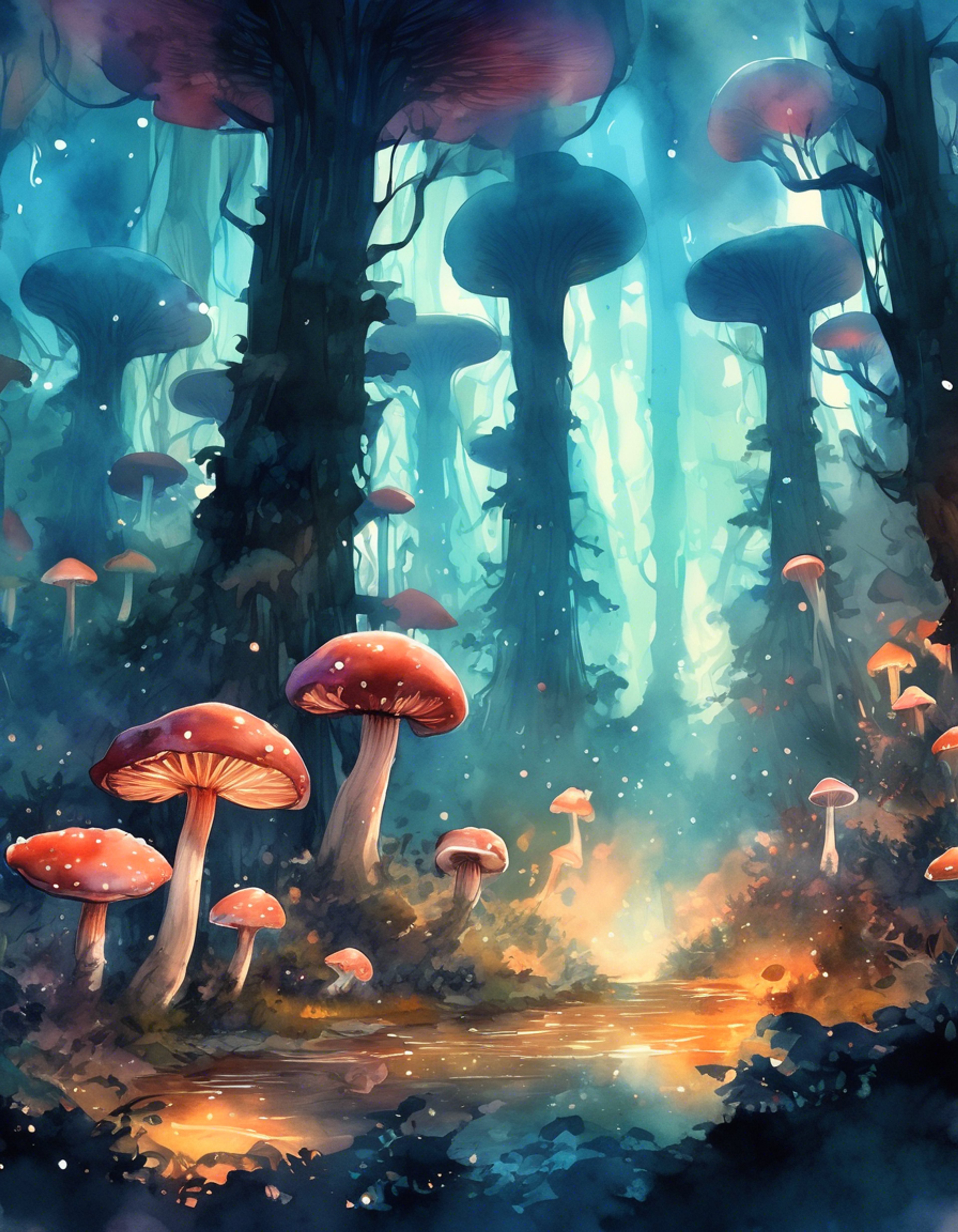 You find yourself transported to a surreal forest filled with glowing mushrooms where the green mage awaits. Their single eye fixes upon you with intense curiosity as they float closer, purple hands gesturing dramatically. There's an air of mystery and power as they circle you, clearly fascinated by your presence in their domain.