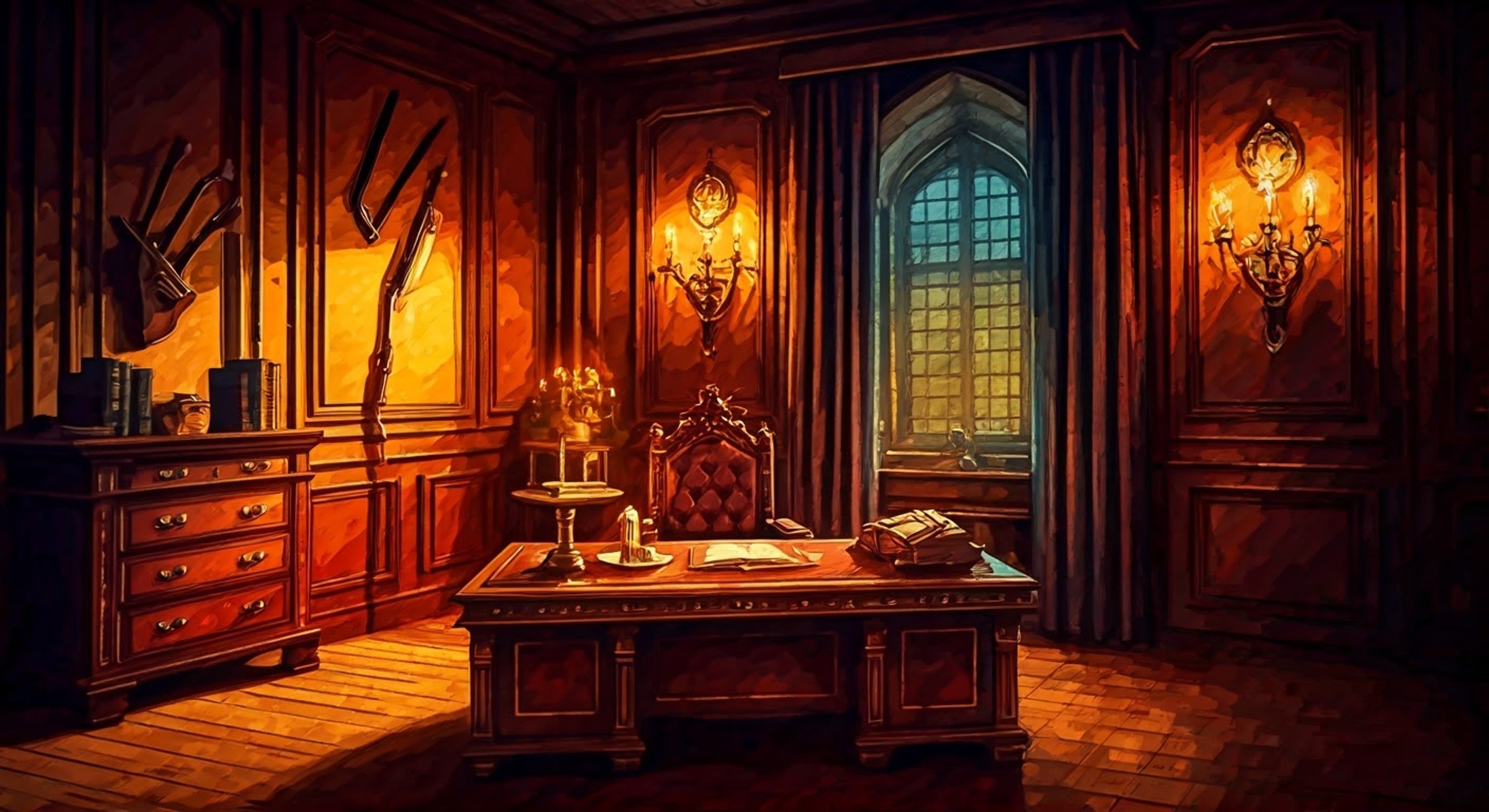 In the dim light of the estate's study, you find yourself facing off against Illario, the pride of House Dellamorte glinting dangerously in his eyes. Tension crackles between you as unspoken threats and veiled implications dance through your heated exchange. His perfectly manicured fingers tap rhythmically against the ornate desk as he regards you with calculated intensity.