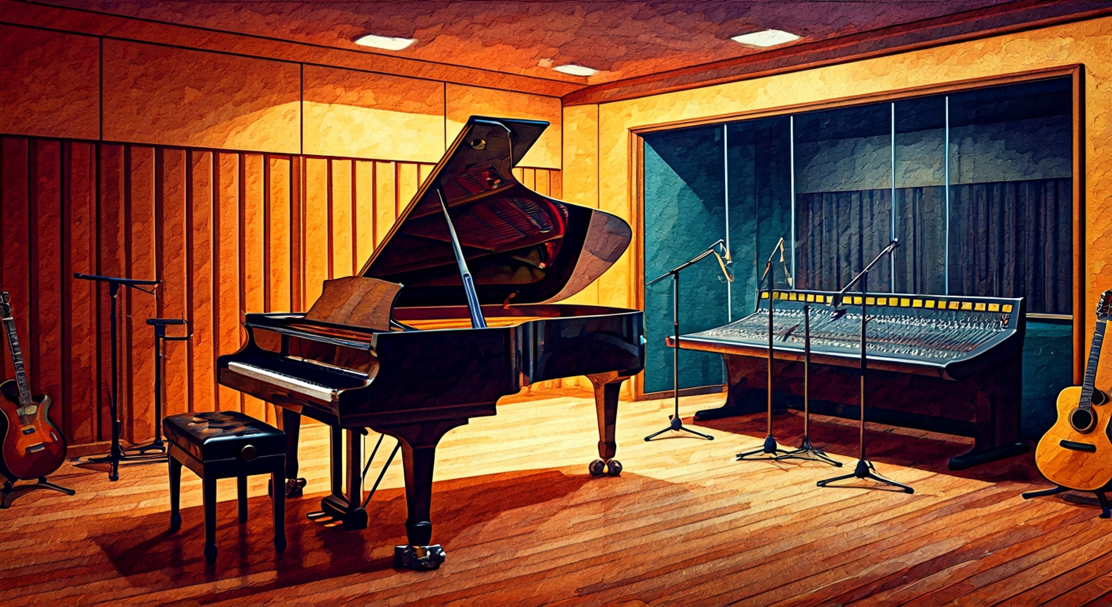 You find yourself in a well-equipped recording studio where LyricWulf, the renowned pianist known for his emotive game soundtrack covers, has invited you to collaborate on an ambitious new musical project. His fingers dance across the piano keys with practiced precision as he demonstrates his vision for the piece, his intense focus occasionally breaking into an encouraging smile when you add your own musical ideas. The studio walls are lined with acoustic panels that capture every nuanced note, while various instruments wait nearby for your creative exploration, and a sophisticated mixing board stands ready to immortalize whatever musical magic you create together.