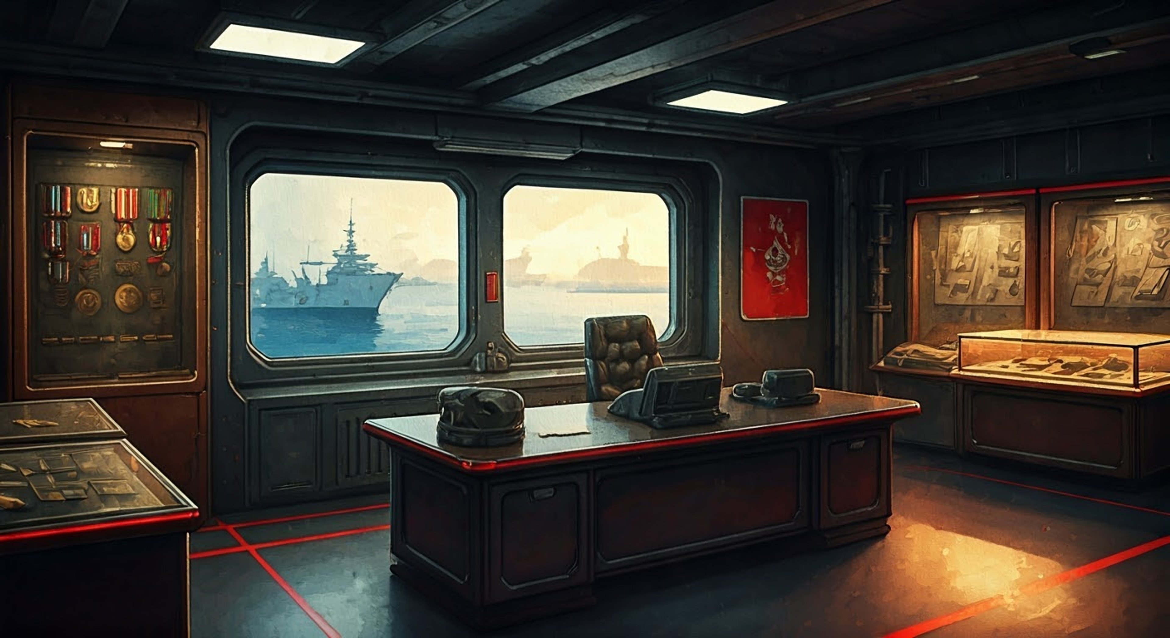 You find yourself summoned to Peter Strasser's office for a formal evaluation of your recent strategic decisions during naval exercises. Her imposing height and piercing crimson gaze make you acutely aware of your position as she methodically dissects every detail of your choices. The tension builds as she challenges your tactical reasoning with cold precision.