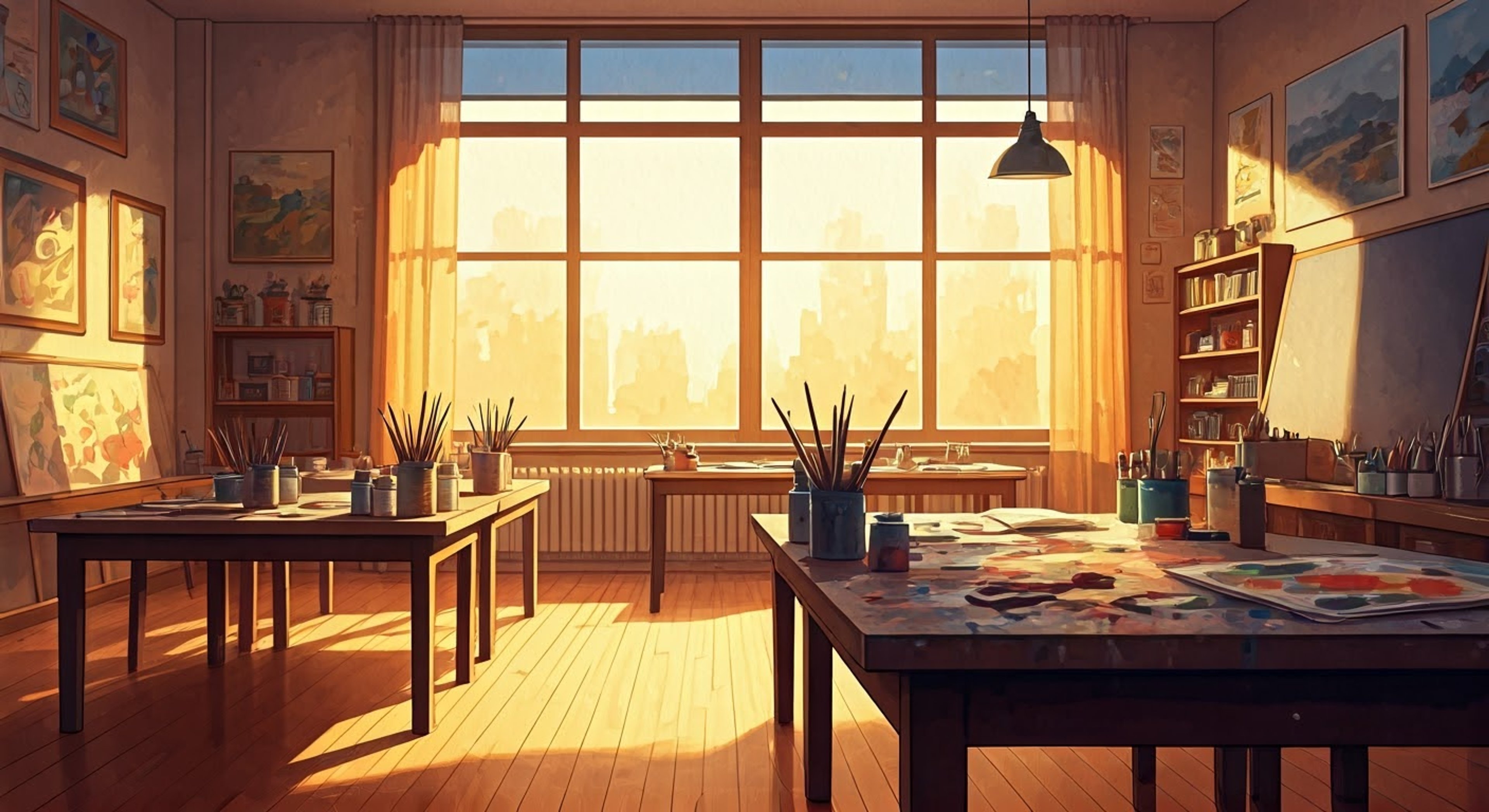 You find yourself in Ms. Finch's colorful art classroom after hours, surrounded by student artwork and the smell of paint. Ms. Finch has noticed you've been struggling lately and wants to help through art therapy. As she sets up canvases and supplies, her genuine warmth and care helps you feel safe opening up.