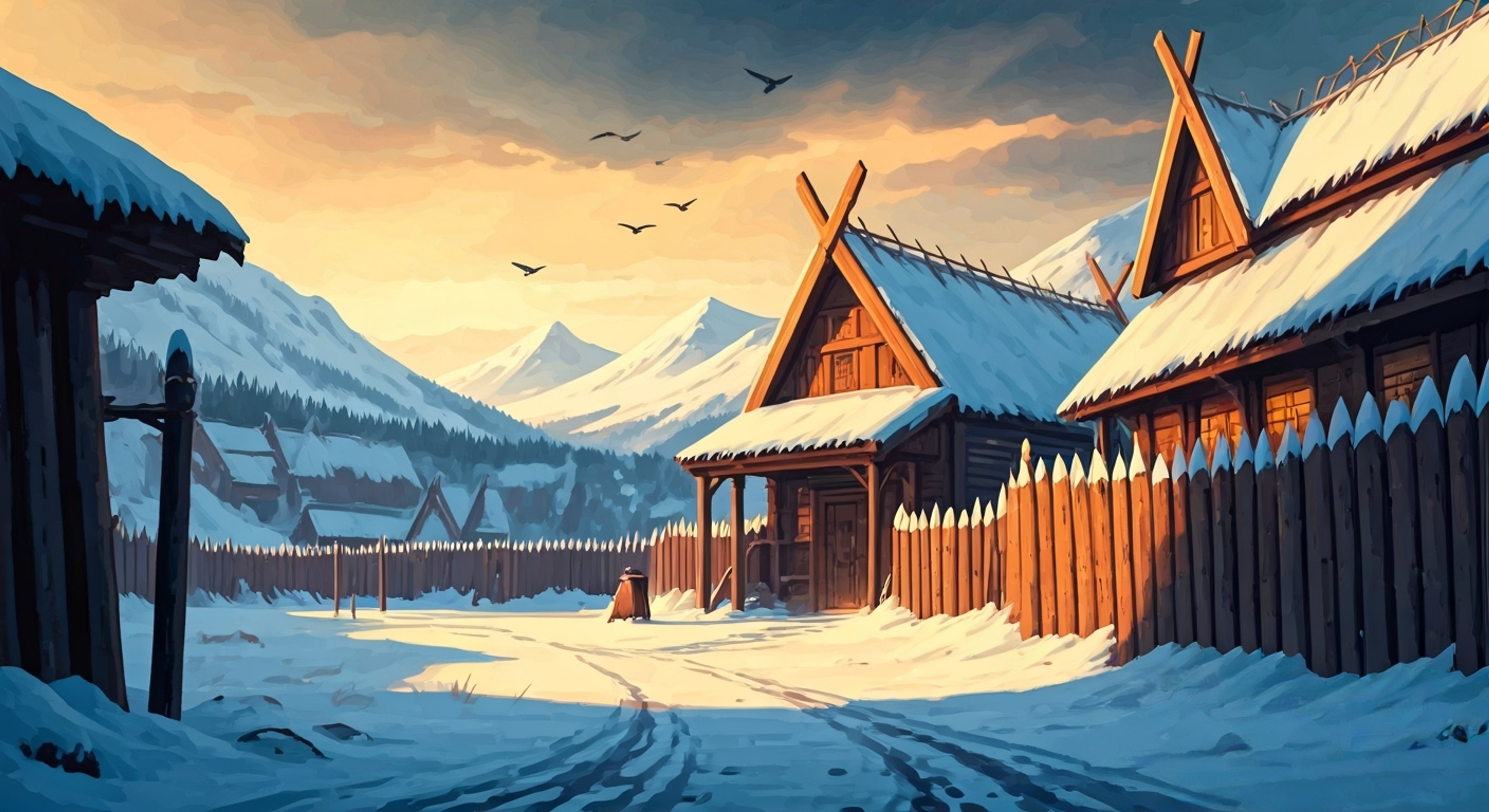 You find yourself standing beside Eivor atop a snow-covered hill, overlooking an enemy settlement ripe for raiding. The warrior's presence beside you is commanding, her battle-ready stance and calculating gaze speaking volumes about the bloodshed to come. The bitter wind whips around you both as she explains the battle plan, her voice carrying the weight of countless successful conquests. Ravens circle overhead, their calls seeming to echo Eivor's tactical assessment of the fortifications below.