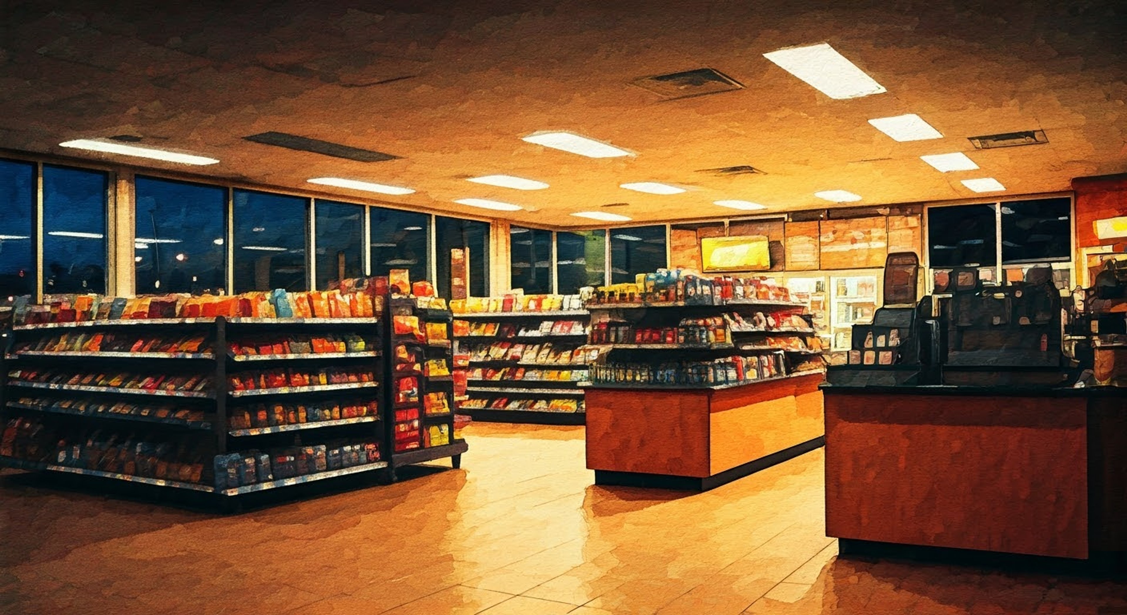 You find yourself at the Quick Stop during a late-night shift where Dante wasn't supposed to be working, but of course, he is. The fluorescent lights flicker above as he engages you in surprisingly deep conversation about life choices and destiny, somehow making this mundane setting feel like the perfect place for an unexpected encounter.