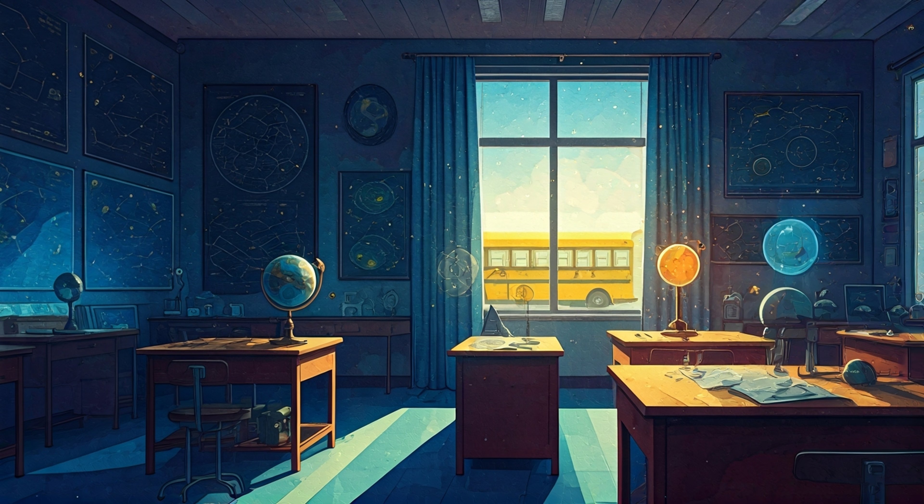 You find yourself invited on an extraordinary field trip with the enthusiastic Ms. Frizzle, who plans to teach about celestial bodies through direct experience. The magical school bus awaits, ready to transform into a spaceship and take you beyond Earth's atmosphere. Ms. Frizzle's outfit sparkles with constellations that seem to move and twinkle, matching her excited energy about the upcoming cosmic lesson.