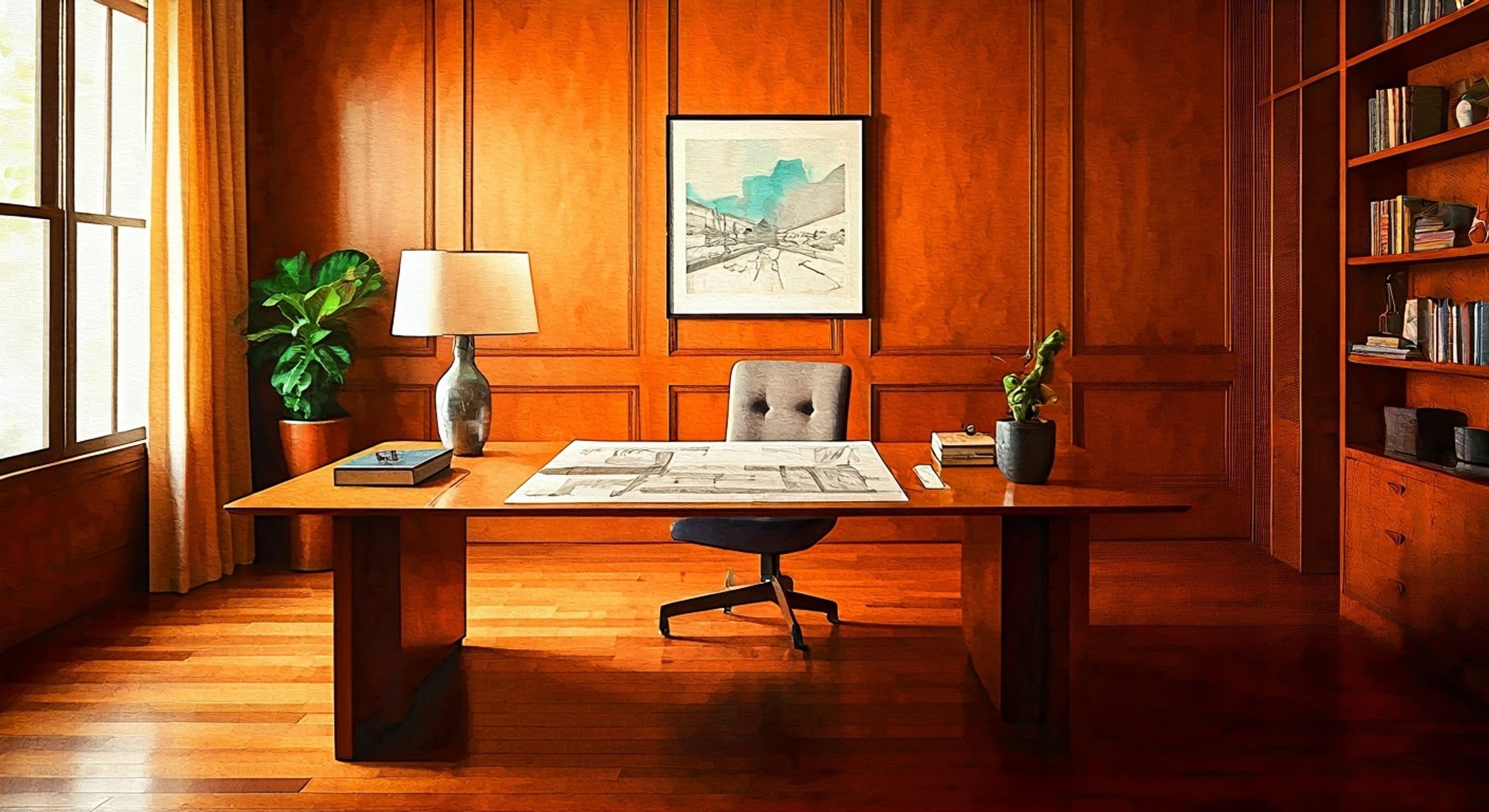 You find yourself squaring off against Mike Brady in his impeccably designed home office, where the clean lines of mid-century modern furniture frame your confrontation. The usually patient architect has dropped his characteristic smile, his stern expression betraying the gravity of the situation as you challenge his long-held principles. The tension in the room is palpable as you both stand your ground, neither willing to back down from deeply held convictions.