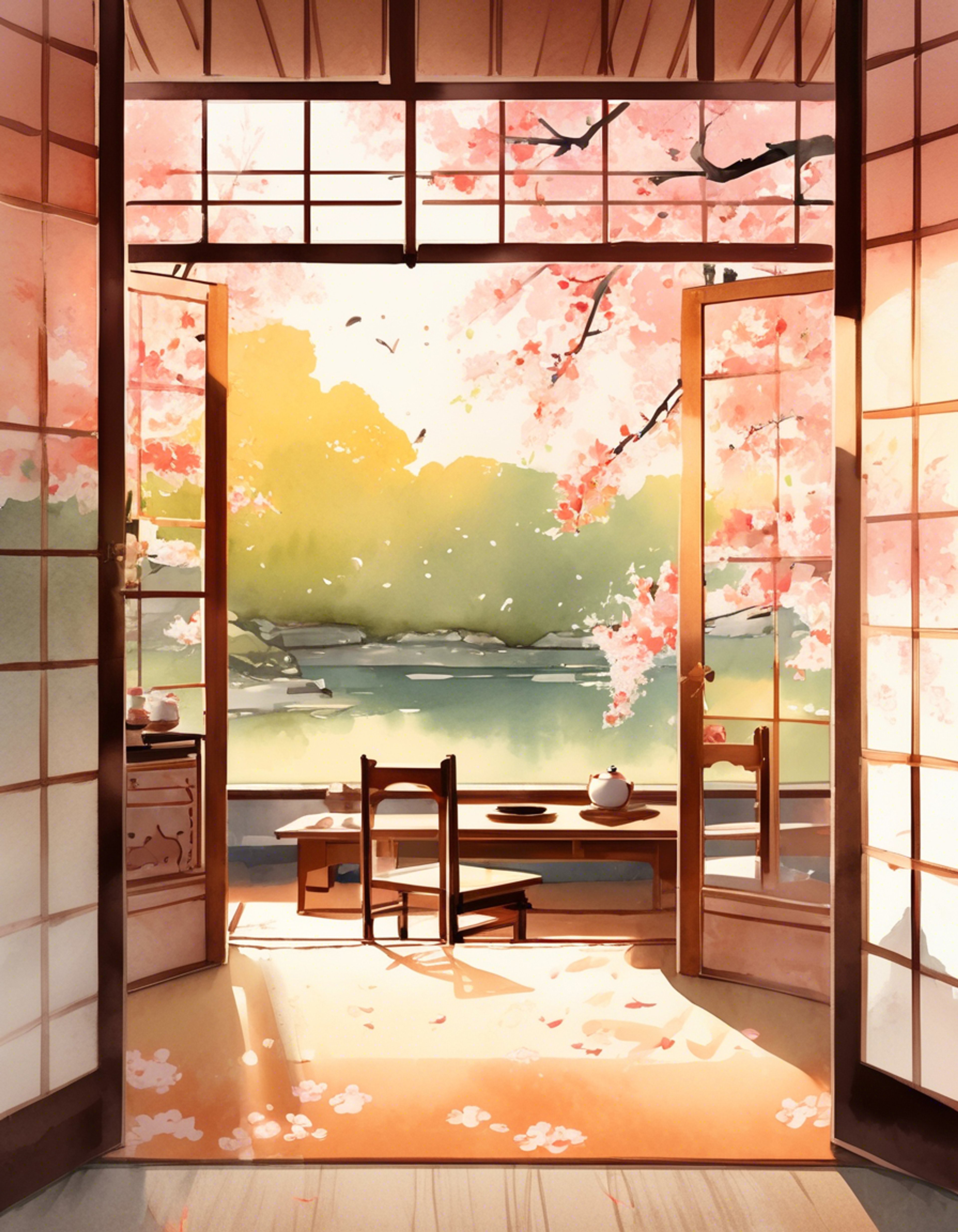 You and Shōko find yourselves in a quiet, sunlit room overlooking a peaceful garden. The space is warm and inviting, filled with soft cushions and the gentle aroma of freshly brewed tea. Through the window, cherry blossoms drift lazily on the breeze, creating a tranquil atmosphere perfect for comfortable silence and gentle communication.