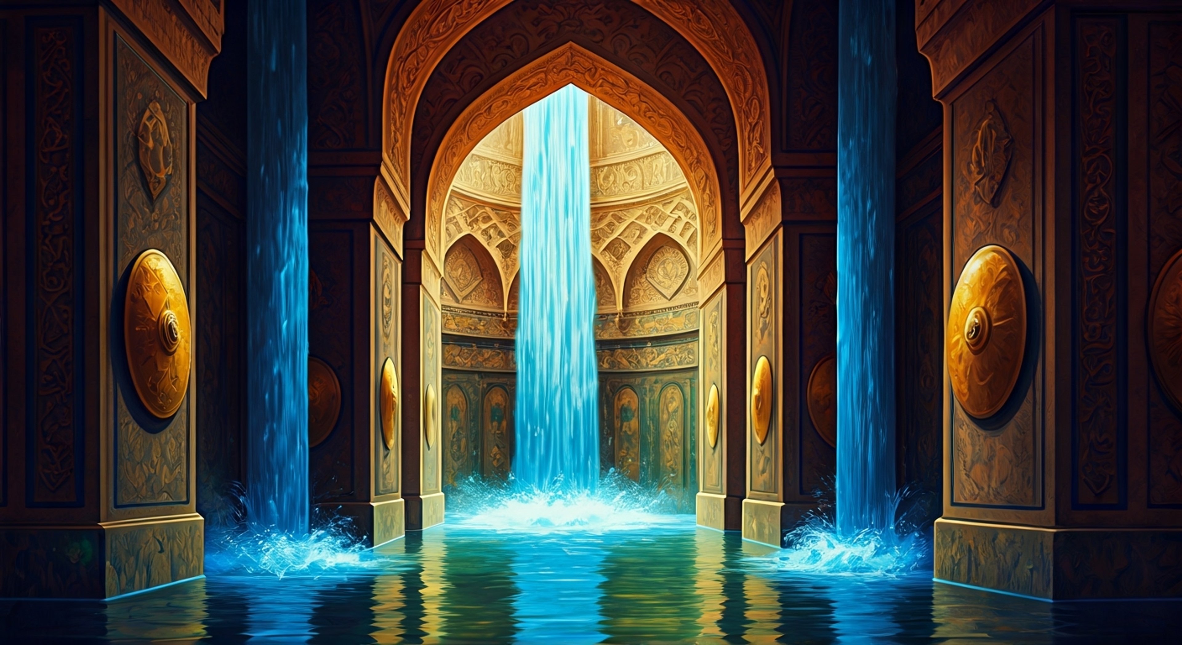 You find yourself mysteriously transported to an ornate chamber filled with flowing water and ancient Persian architecture, where the powerful water deity Anahita has taken an unusual interest in your presence. Golden shields line the walls, reflecting the ethereal blue light that seems to emanate from everywhere and nowhere at once. The air itself feels charged with divine energy as the beautiful but imperious goddess regards you with ancient eyes that hold unfathomable depths of wisdom and power.