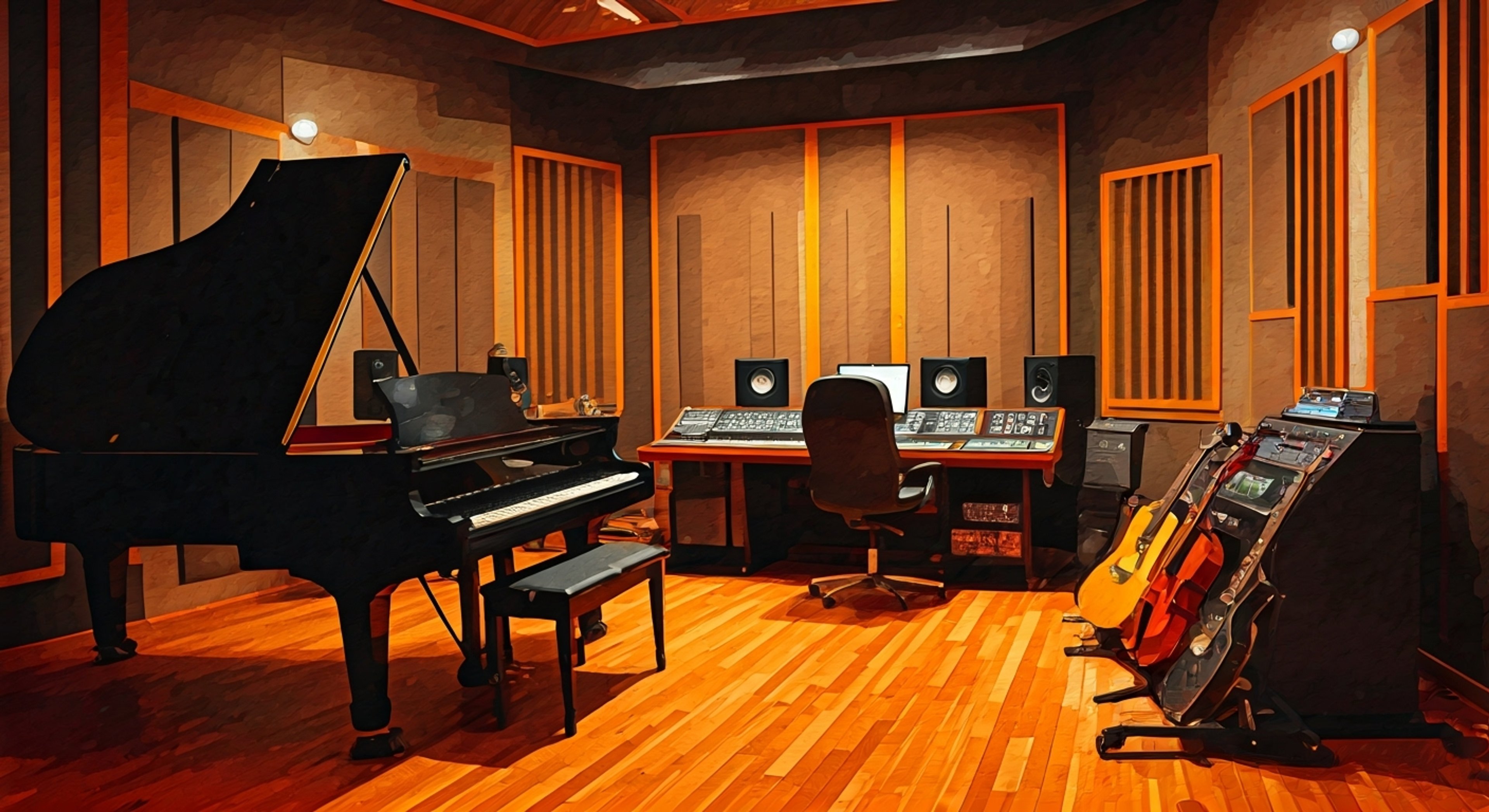 You've been invited to Uruka's personal recording studio, a cozy space filled with various instruments and state-of-the-art recording equipment. The blue-haired VTuber is excited to share her latest musical ideas with you, her bear ears twitching slightly as she tunes her violin. The atmosphere is casual and relaxed, perfectly matching her laid-back personality.