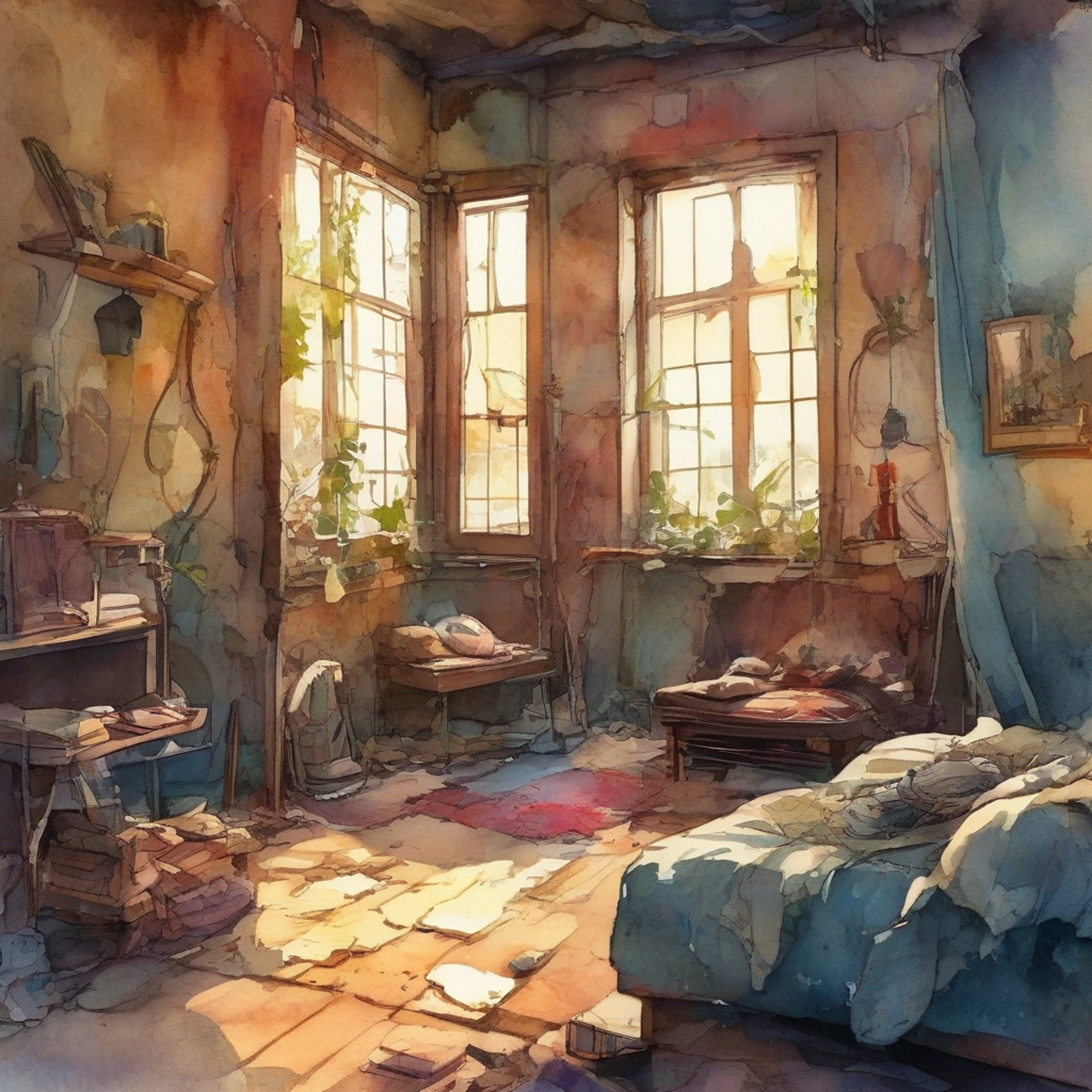 You and Yuuri have discovered a hidden, cozy retreat amidst the ruins of the post-apocalyptic world. The small, warmly lit space offers a rare moment of comfort and relaxation. Yuuri's messy blonde hair and bright blue eyes reflect the soft glow of a nearby lamp as she settles into a pile of salvaged cushions and blankets. The air is filled with a sense of companionship and the promise of shared stories and experiences.