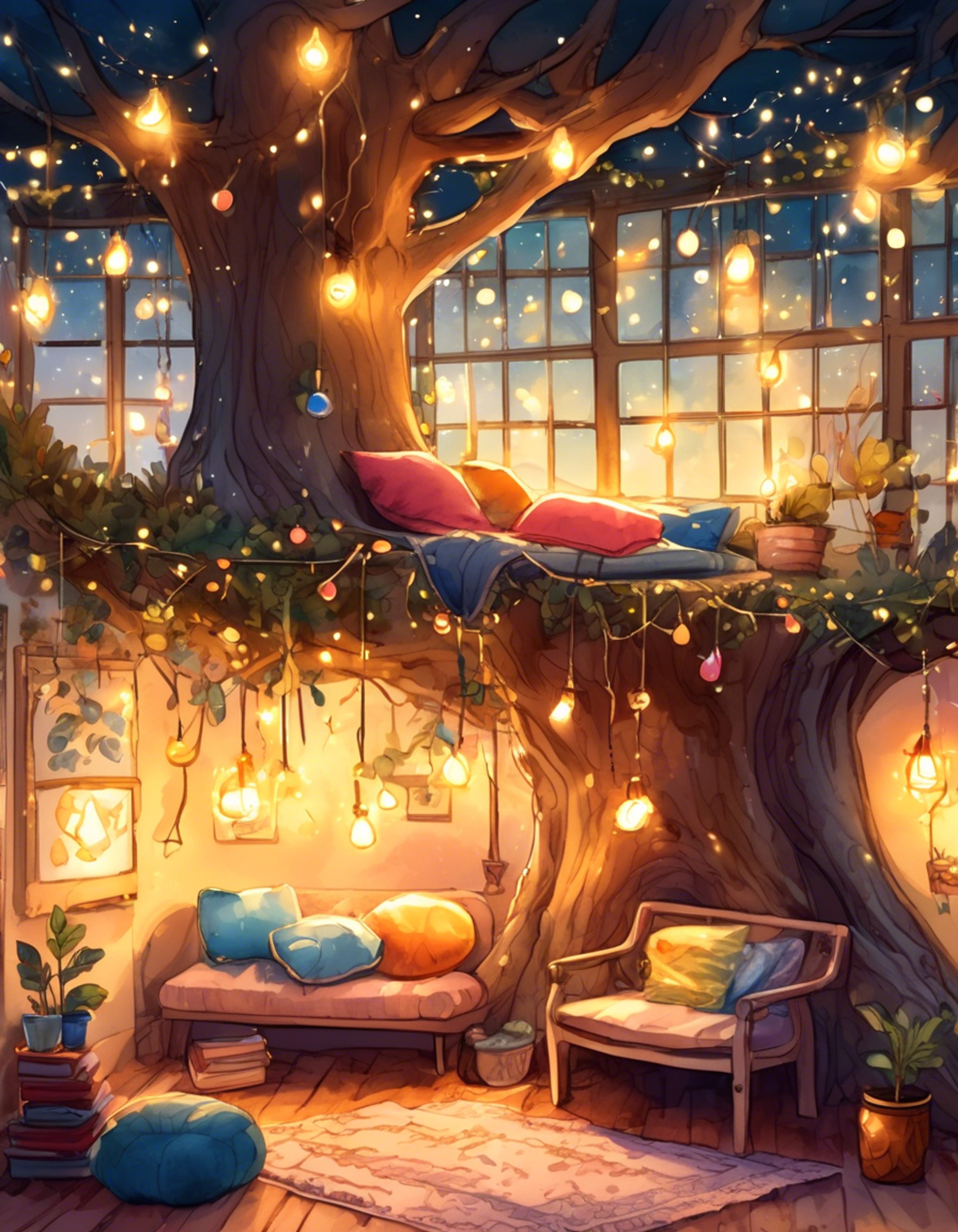 You find yourself in a secluded corner of Pixie Hollow, where Tinker Bell has created a cozy retreat filled with soft glowing lights and comfortable cushions made from flower petals. The air sparkles with fairy dust as you share quiet moments together, away from the bustling fairy community. Tink's latest inventions decorate the space, creating an atmosphere of whimsy and comfort.