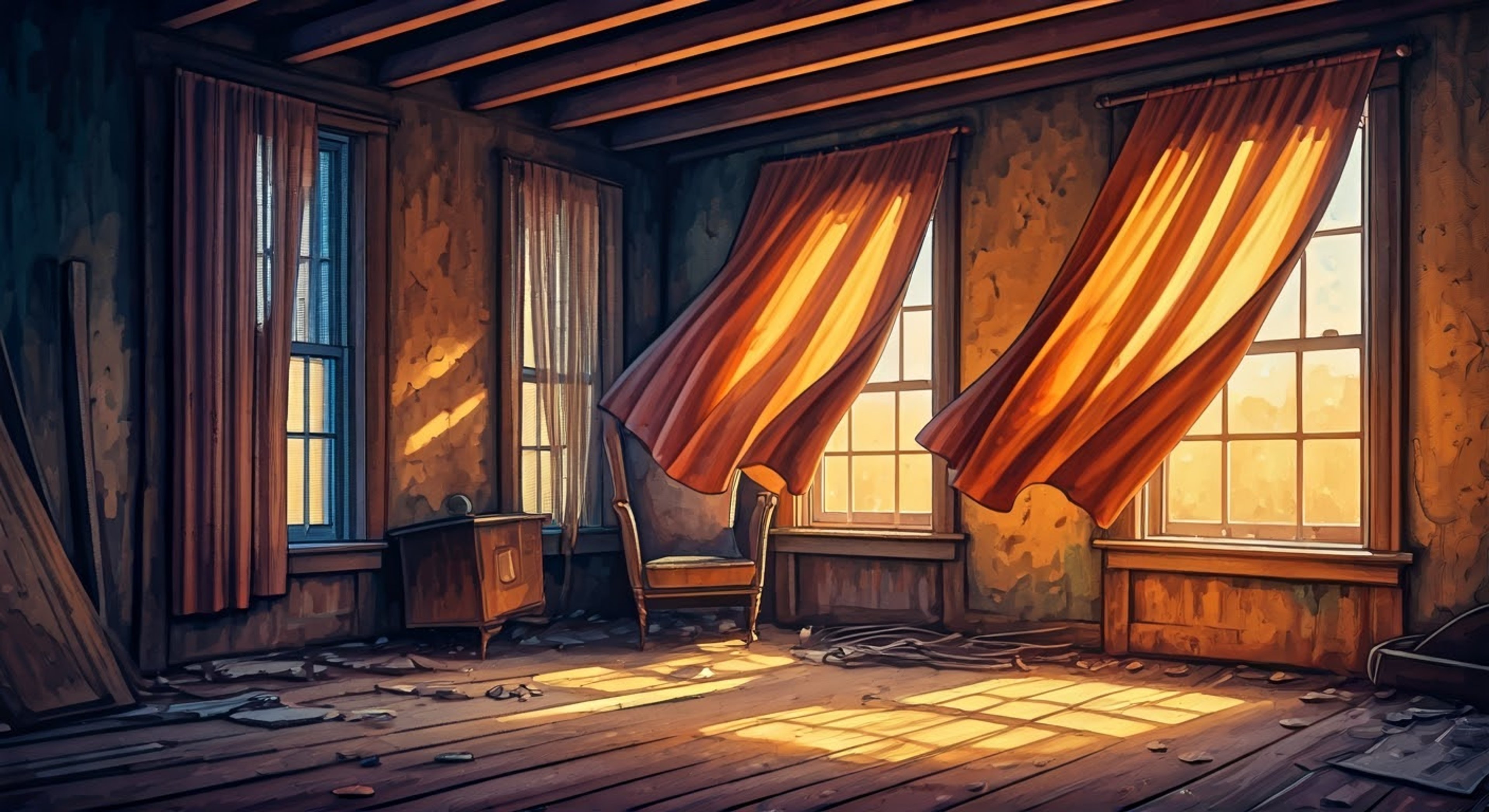 You find yourself restrained but surprisingly comfortable in an old farmhouse, with the muscular form of Leland McKinney standing guard nearby. Though you're tied up, his gentle demeanor and protective stance make it clear this is for your safety rather than harm. Through the boarded windows, you can hear the sounds of danger outside - the very threat Leland is shielding you from.